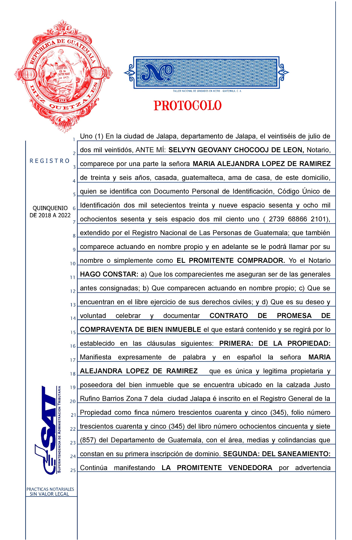 Contrato DE Promesa Compraventa DE BIEN Inmueble Uno En La Ciudad De Jalapa