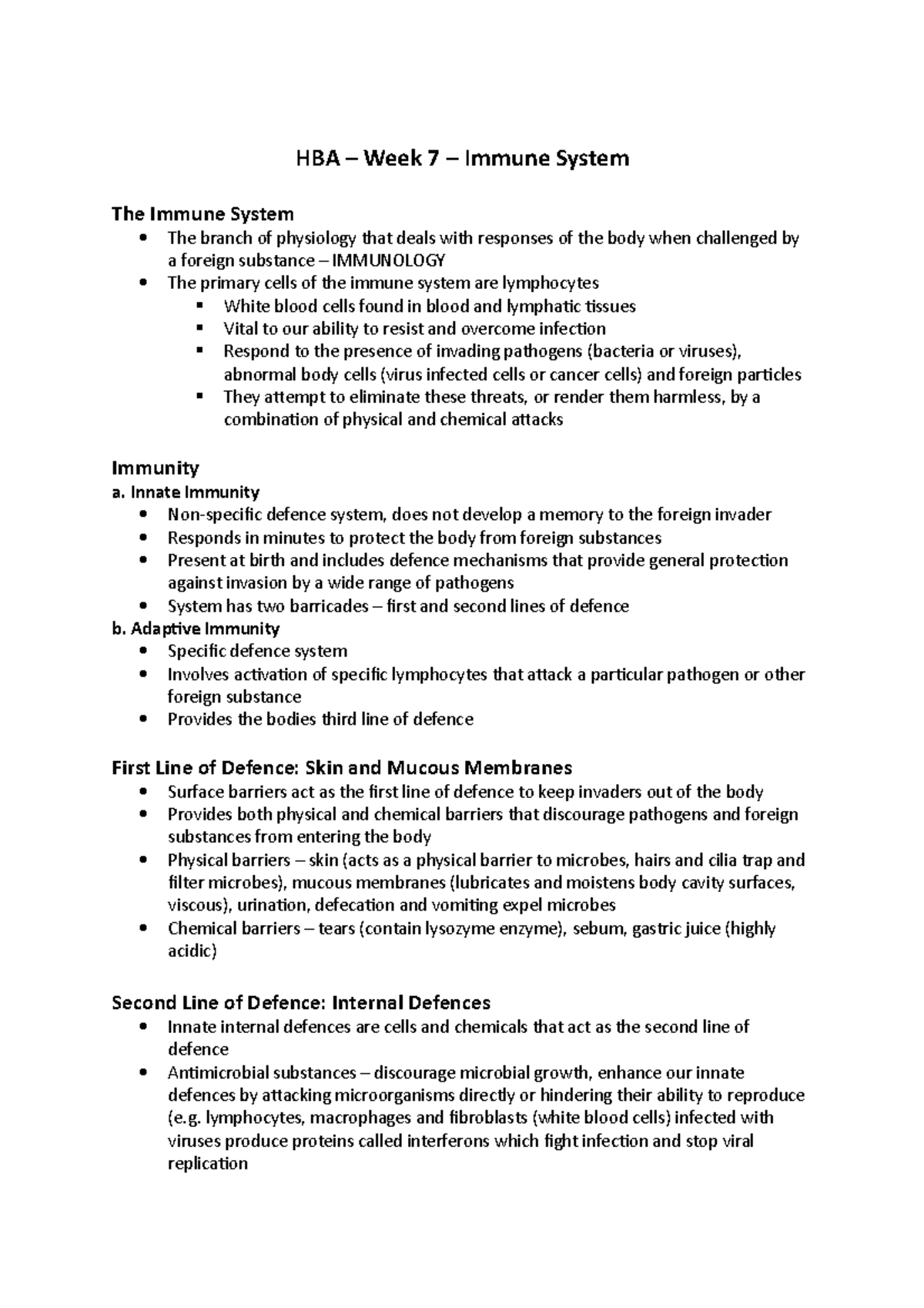 HBA – Week 7 – Immune System - HBA – Week 7 – Immune System The Immune ...