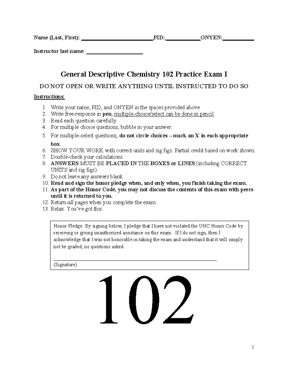 CHEM102 Practice Exam 1 SUII23 - Name (Last, First ...