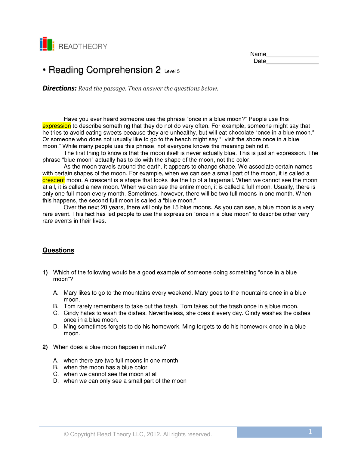 Level 5 Passage 2 - Reading Comprehension - © Copyright Read Theory LLC ...