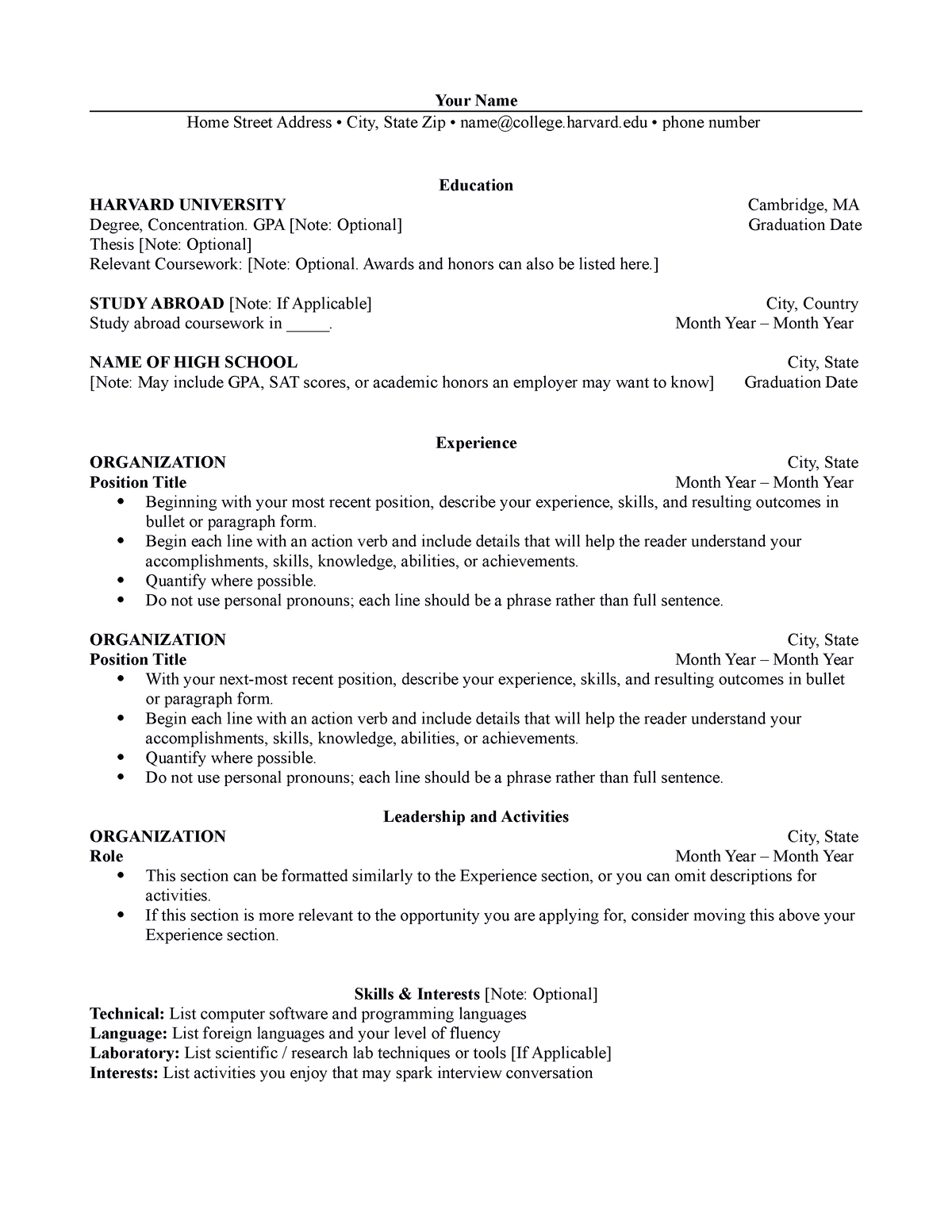 MAKE A COPY OF THE DOC - Harvard CV Template - Your Name Home Street ...