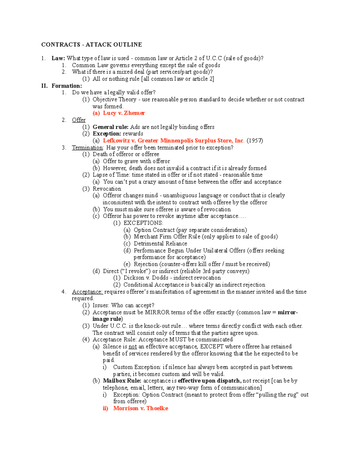 Contracts Attack - CONTRACTS - ATTACK OUTLINE Law: What type of law is ...