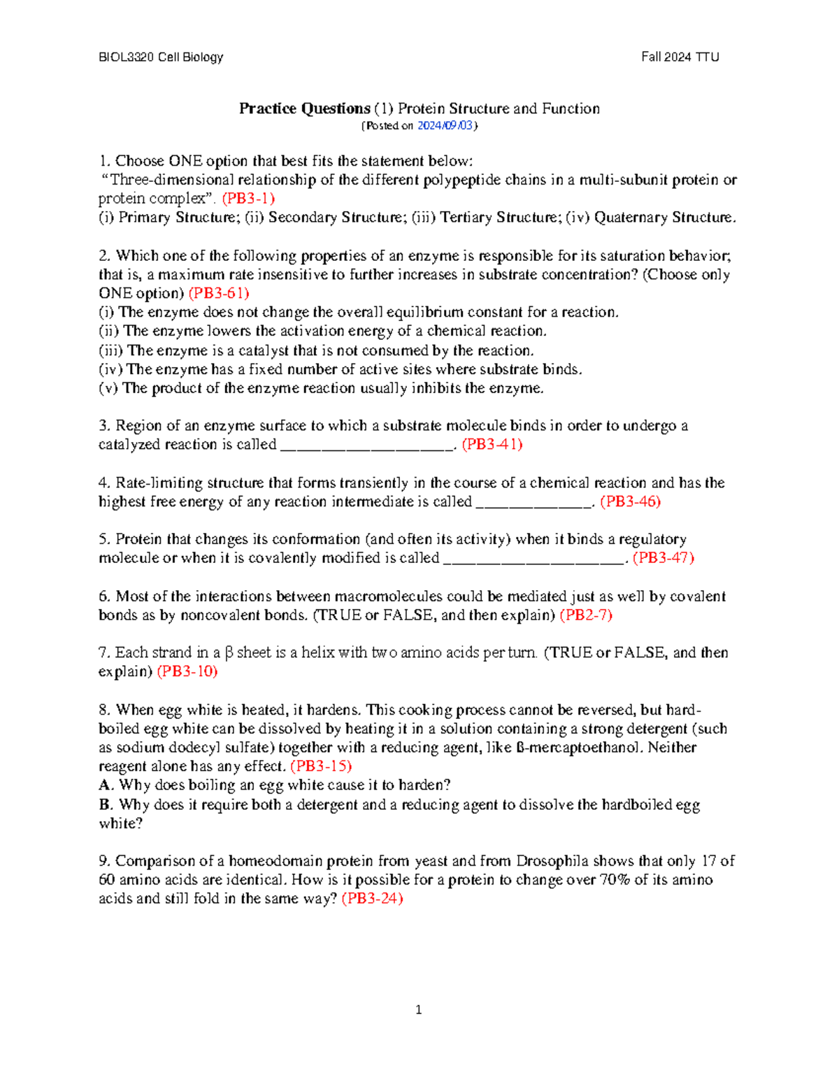 49032118 - Practice Q - BIOL3320 Cell Biology Fall 2024 TTU 1 Practice ...