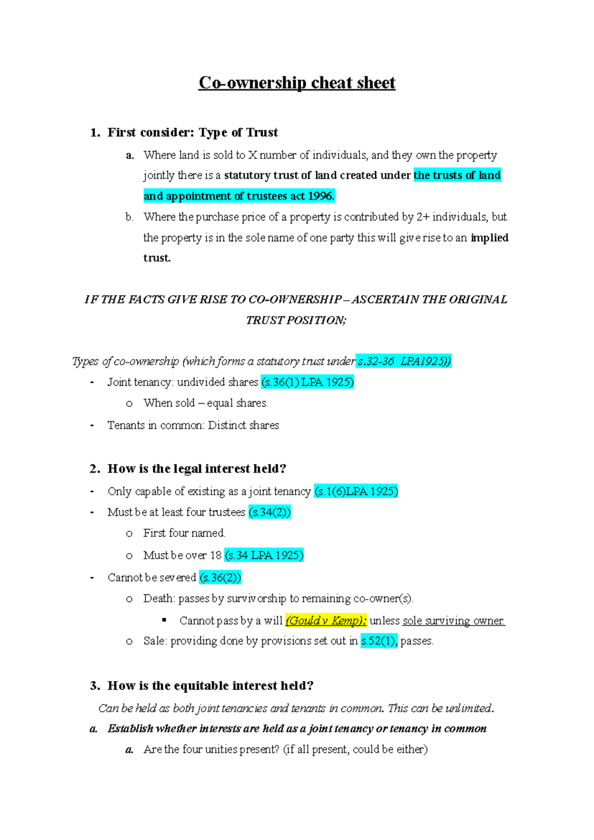 Co-ownership cheat sheet - First consider: Type of Trust a. Where land ...
