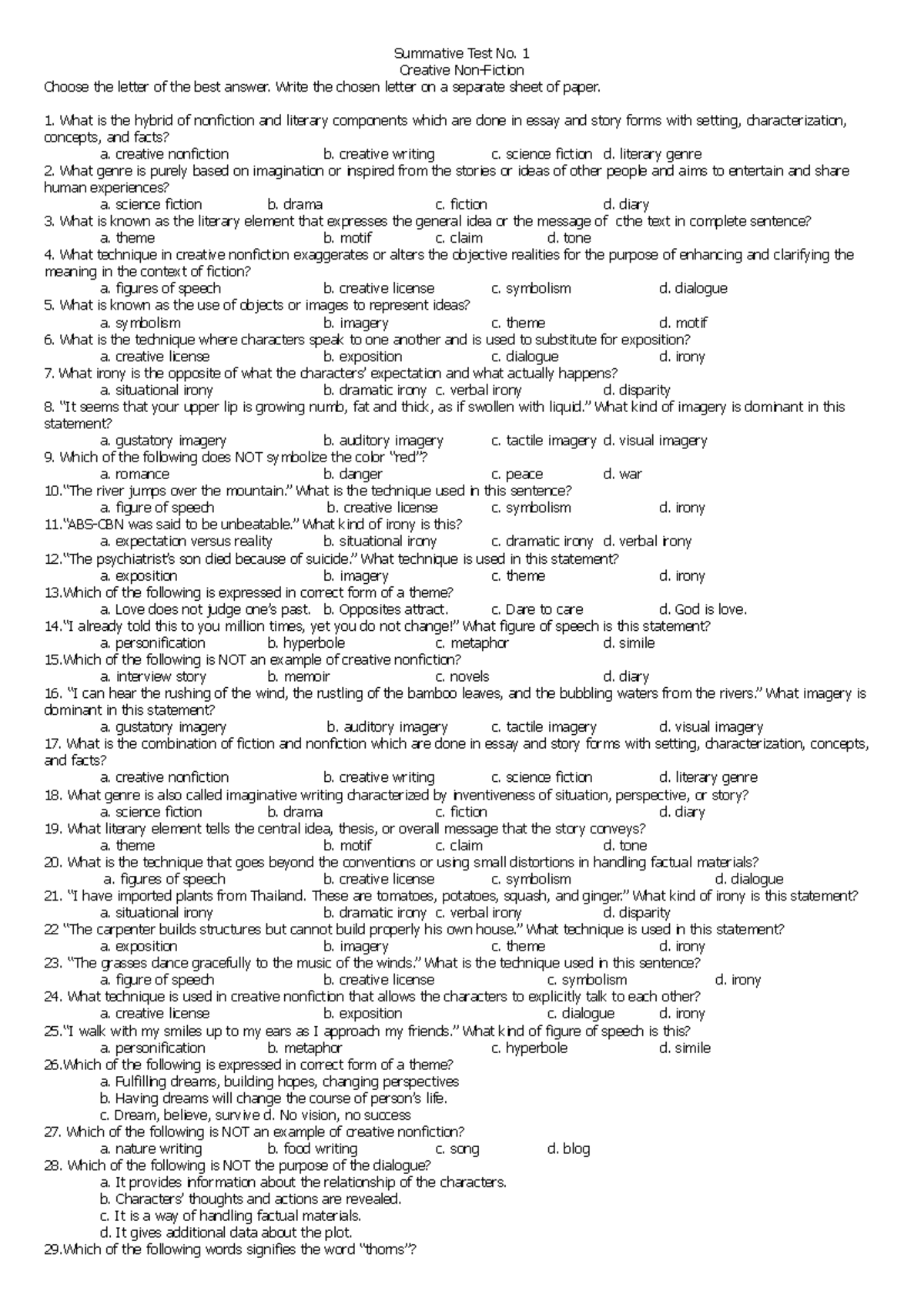 Summative Test No - Cnf - Summative Test No. 1 Creative Non-Fiction ...