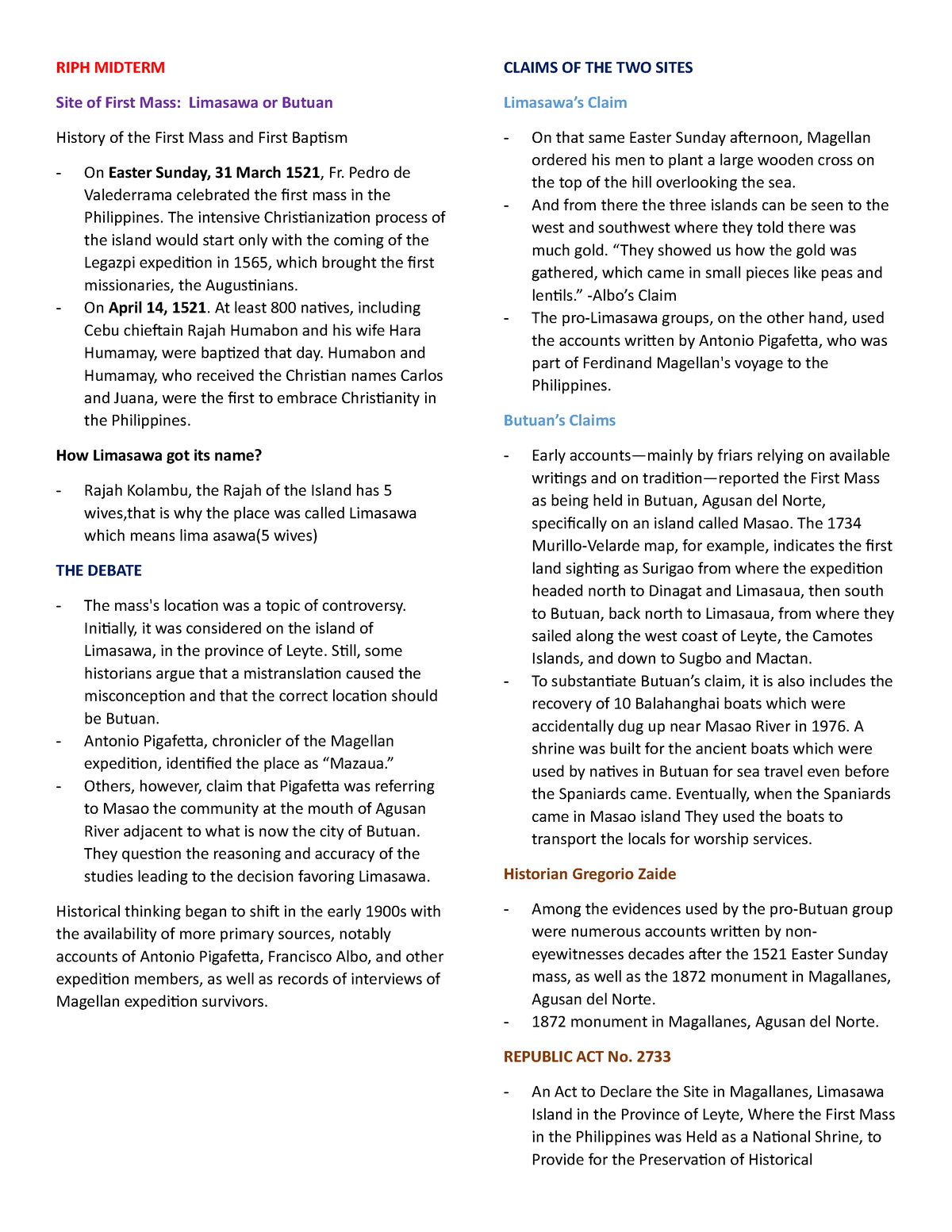 RIPH Midterm - NOTES - RIPH MIDTERM Site of First Mass: Limasawa or ...