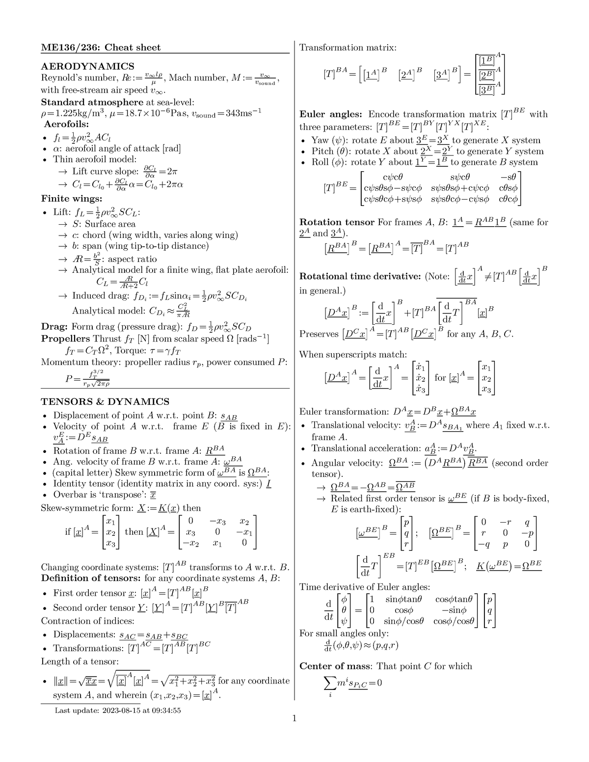 Cheat Sheet - ME136/236: Cheat sheet AERODYNAMICS Reynold’s number, Re ...