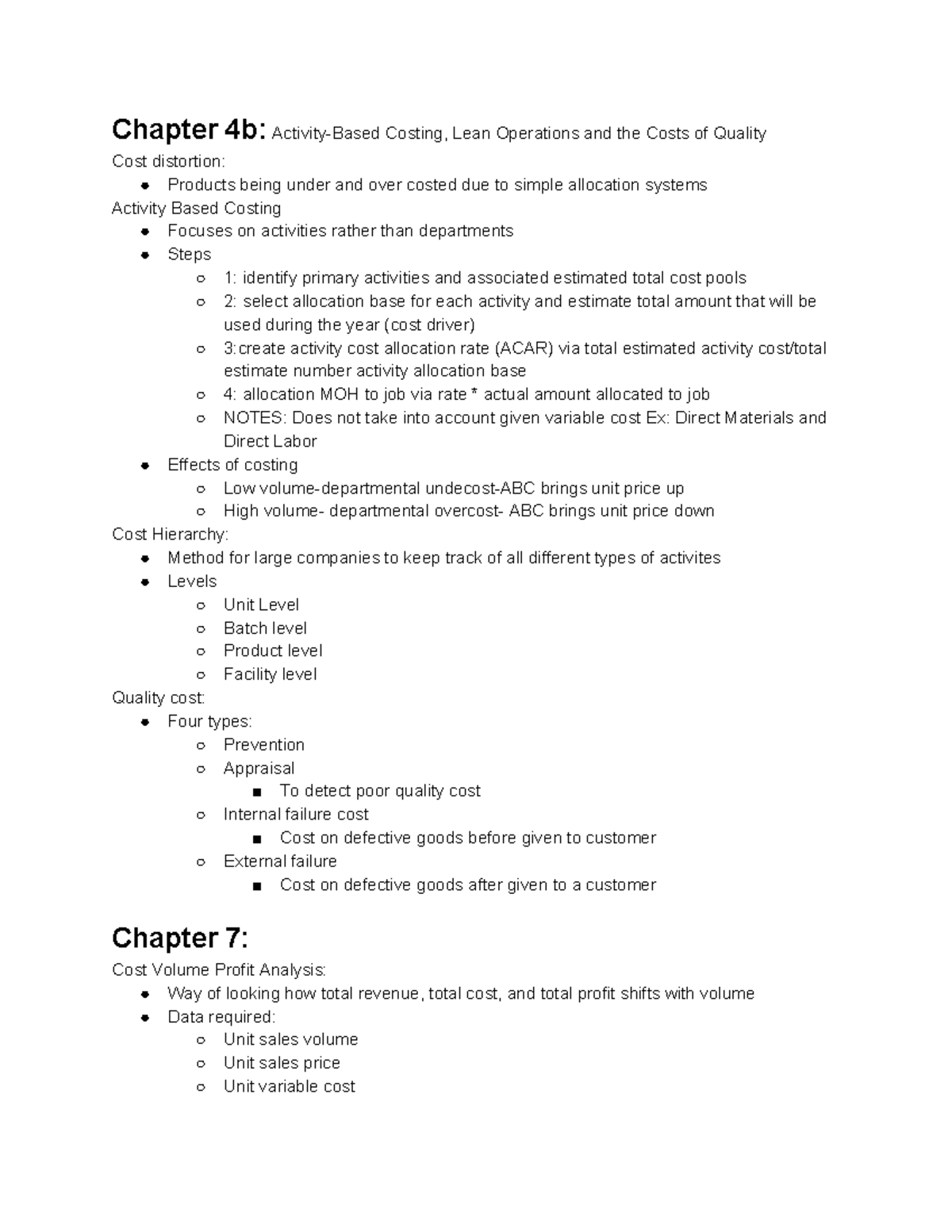 Managerial Accounting Main Notes - Chapter Costing, Lean Operations and ...