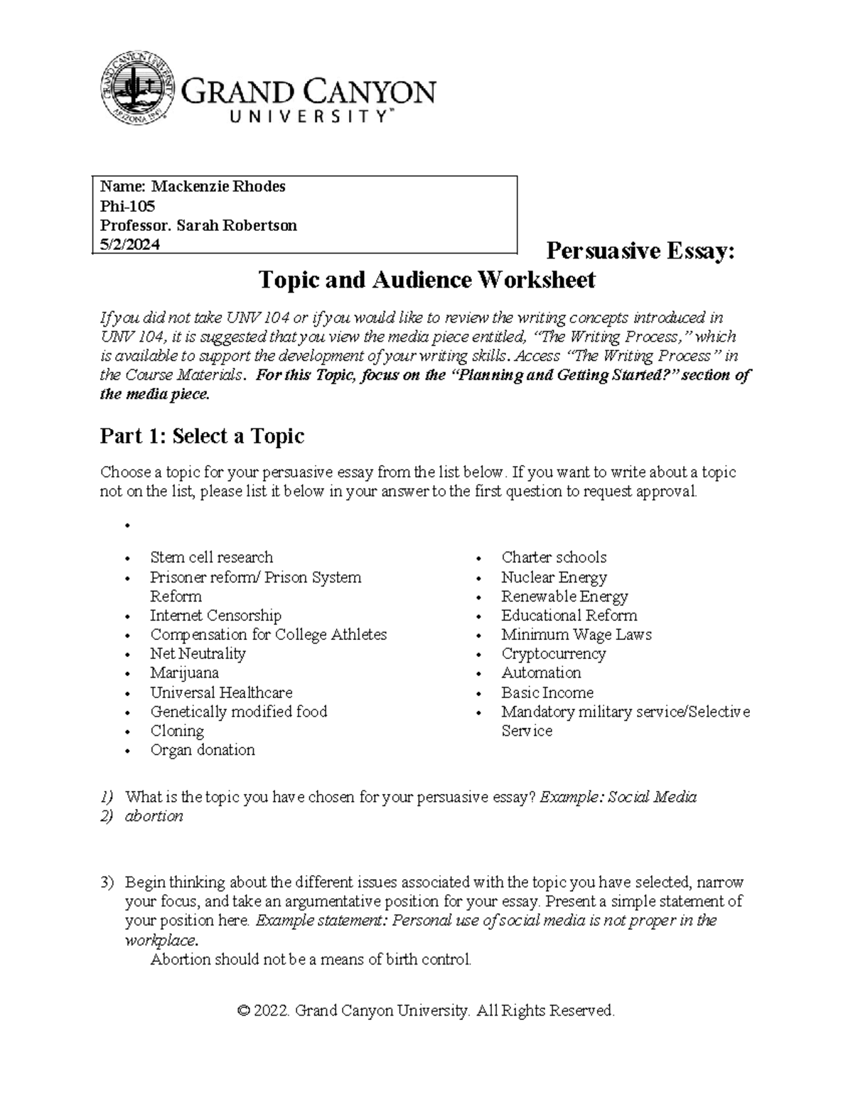 persuasive essay topic and audience worksheet