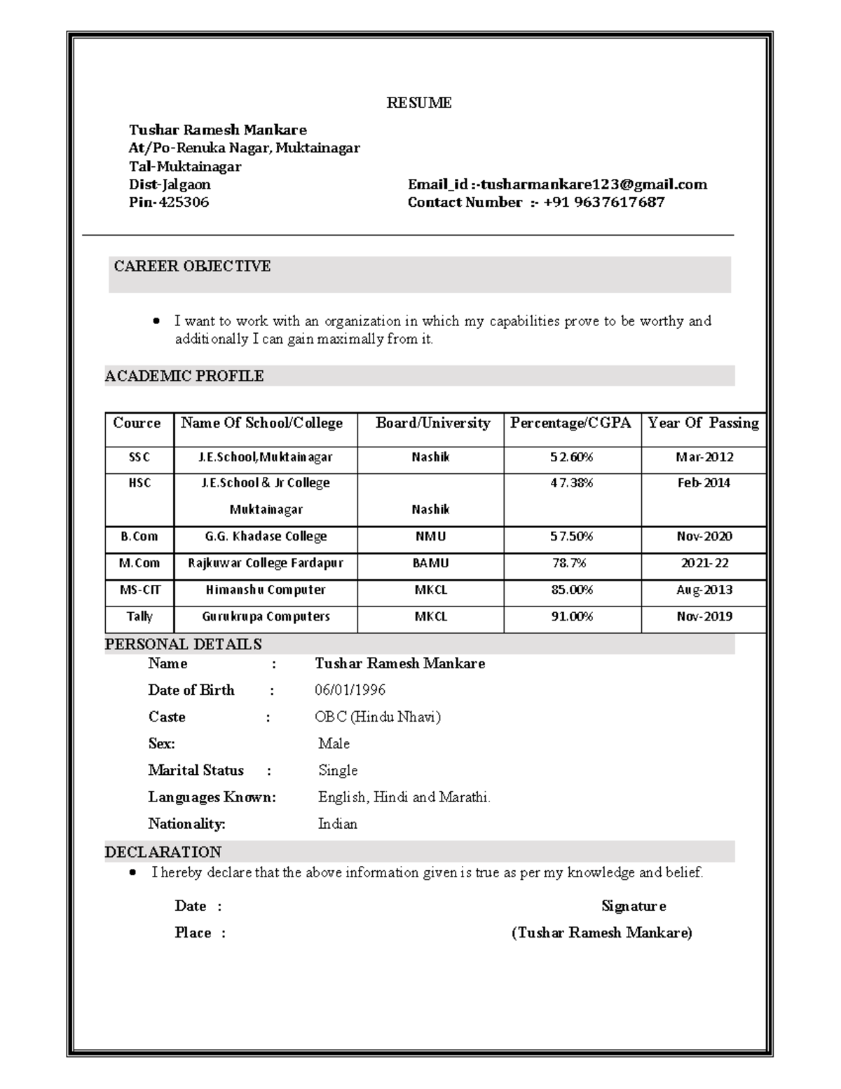 Tushar Mankare - Important - RESUME Tushar Ramesh Mankare At/Po-Renuka ...