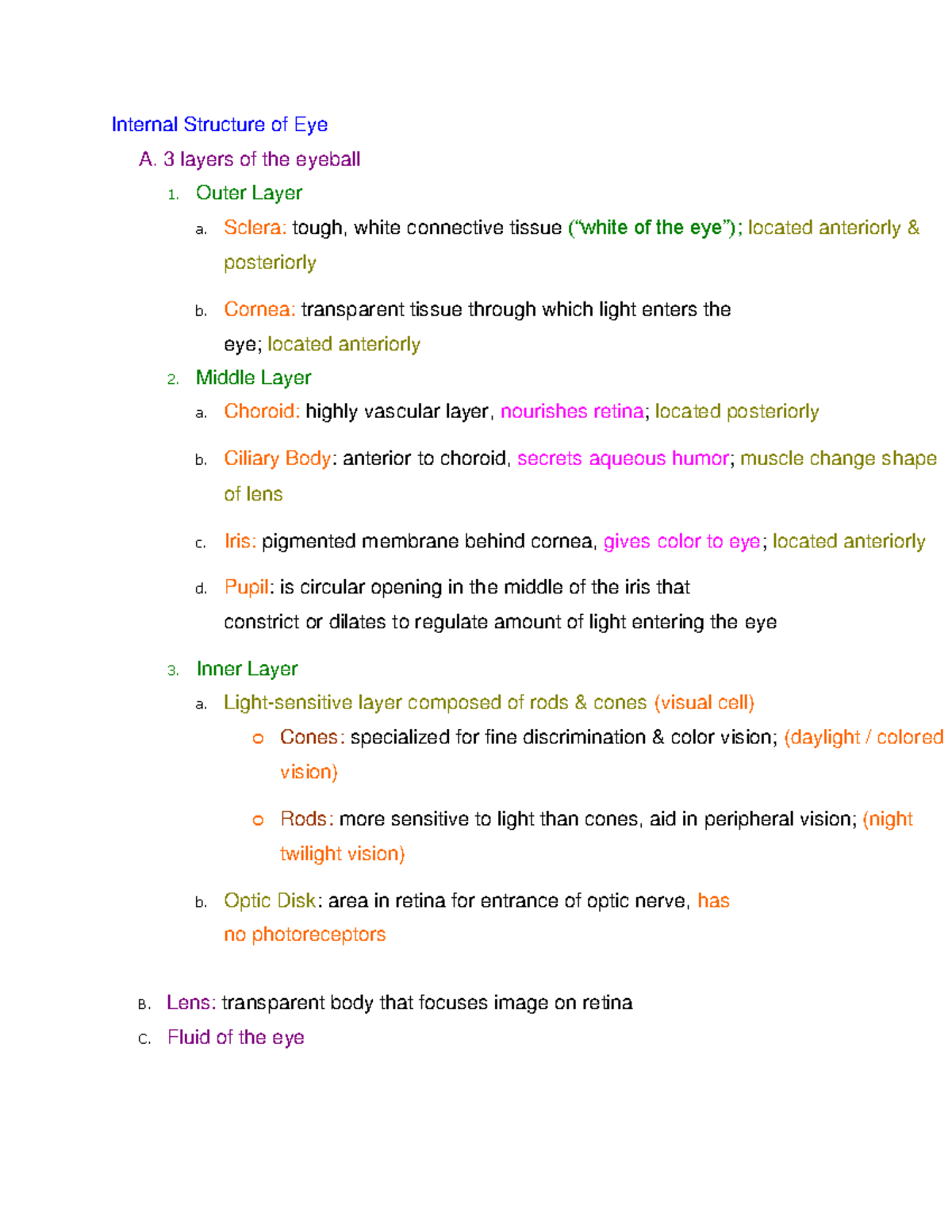 Internal Structure of Eye 3 layers of the eyeball 1. Outer Layer a