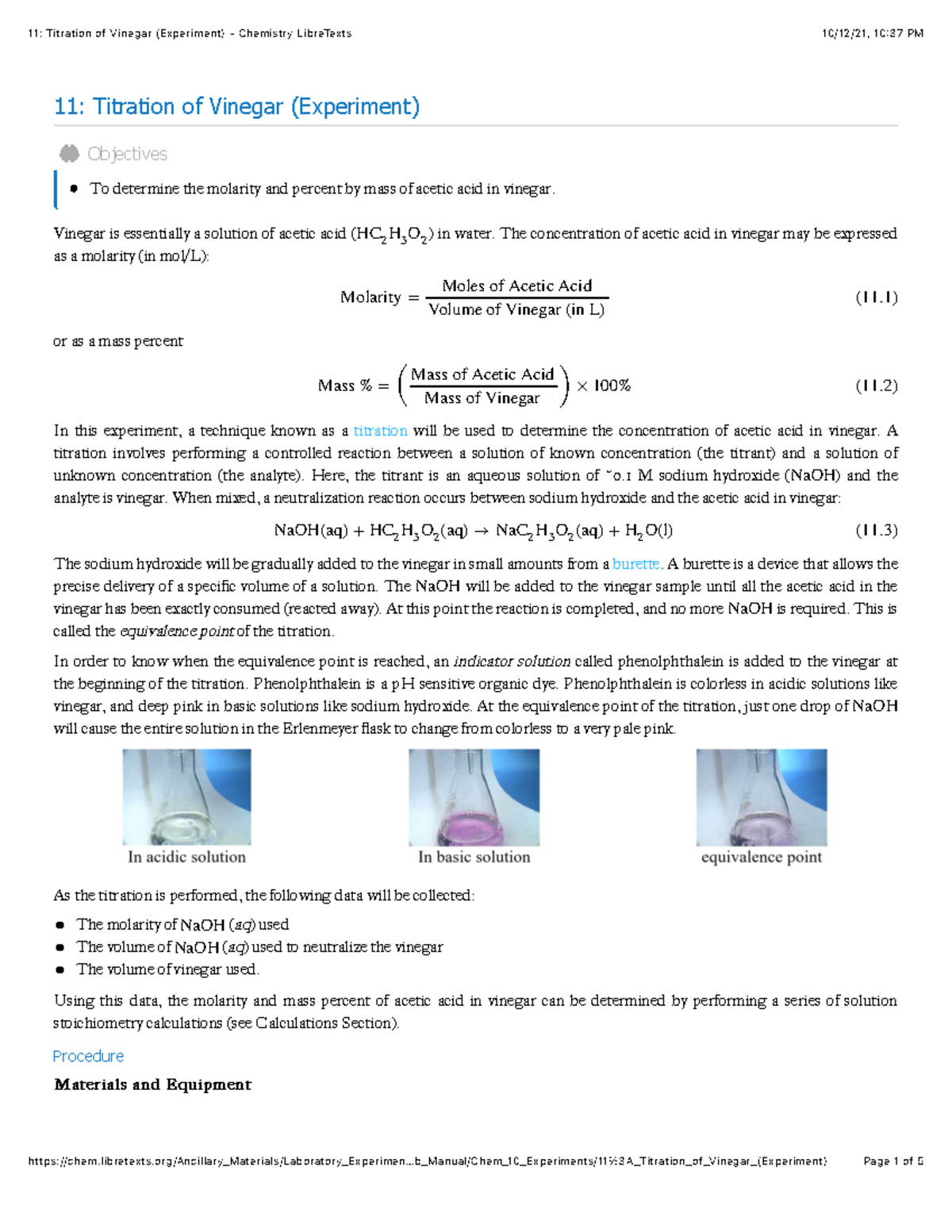 11 Titration of Vinegar (Experiment) Chemistry Libre Texts Bs