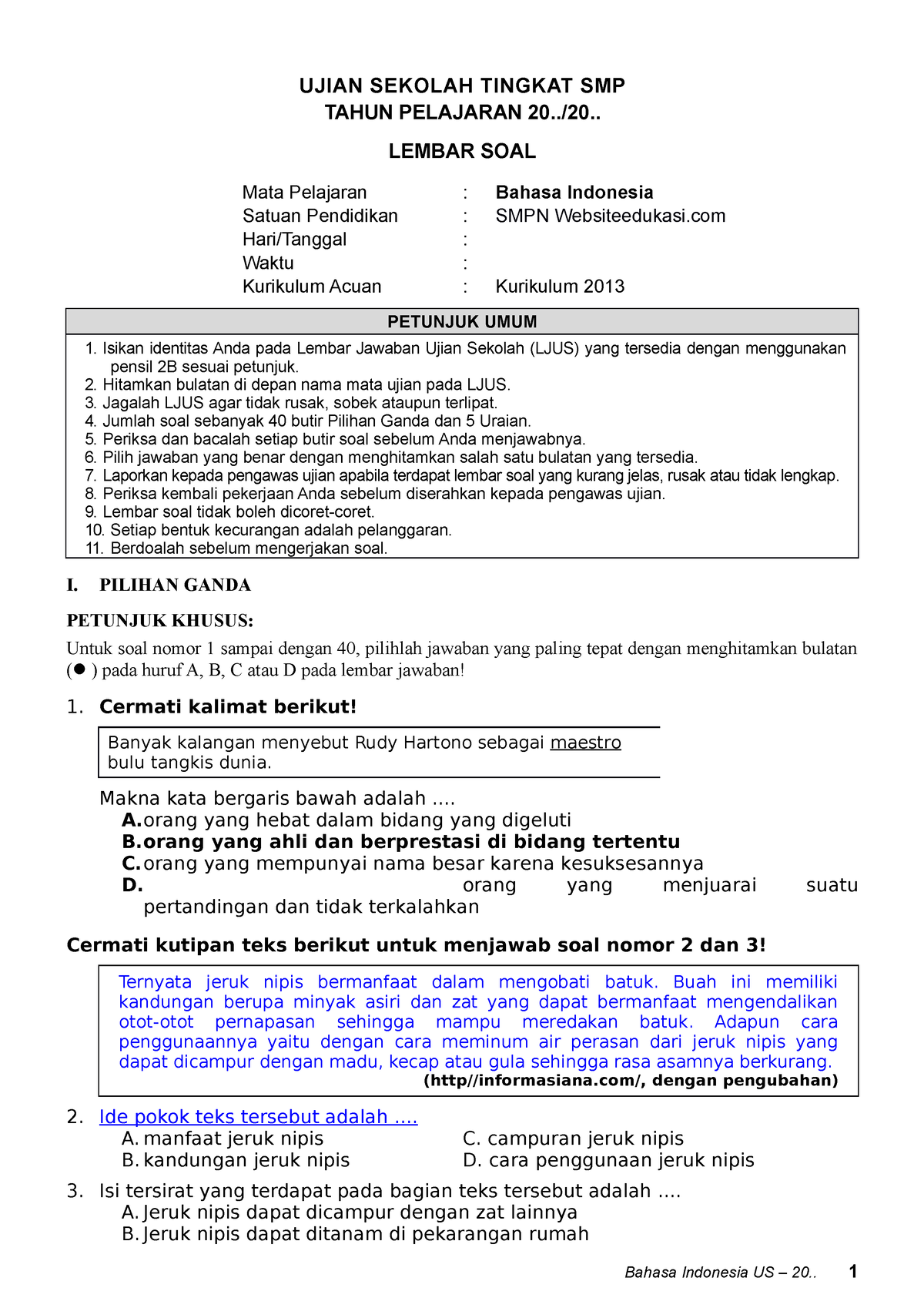 Soal US B.Indo SMP K13 (Websiteedukasi - UJIAN SEKOLAH TINGKAT SMP ...