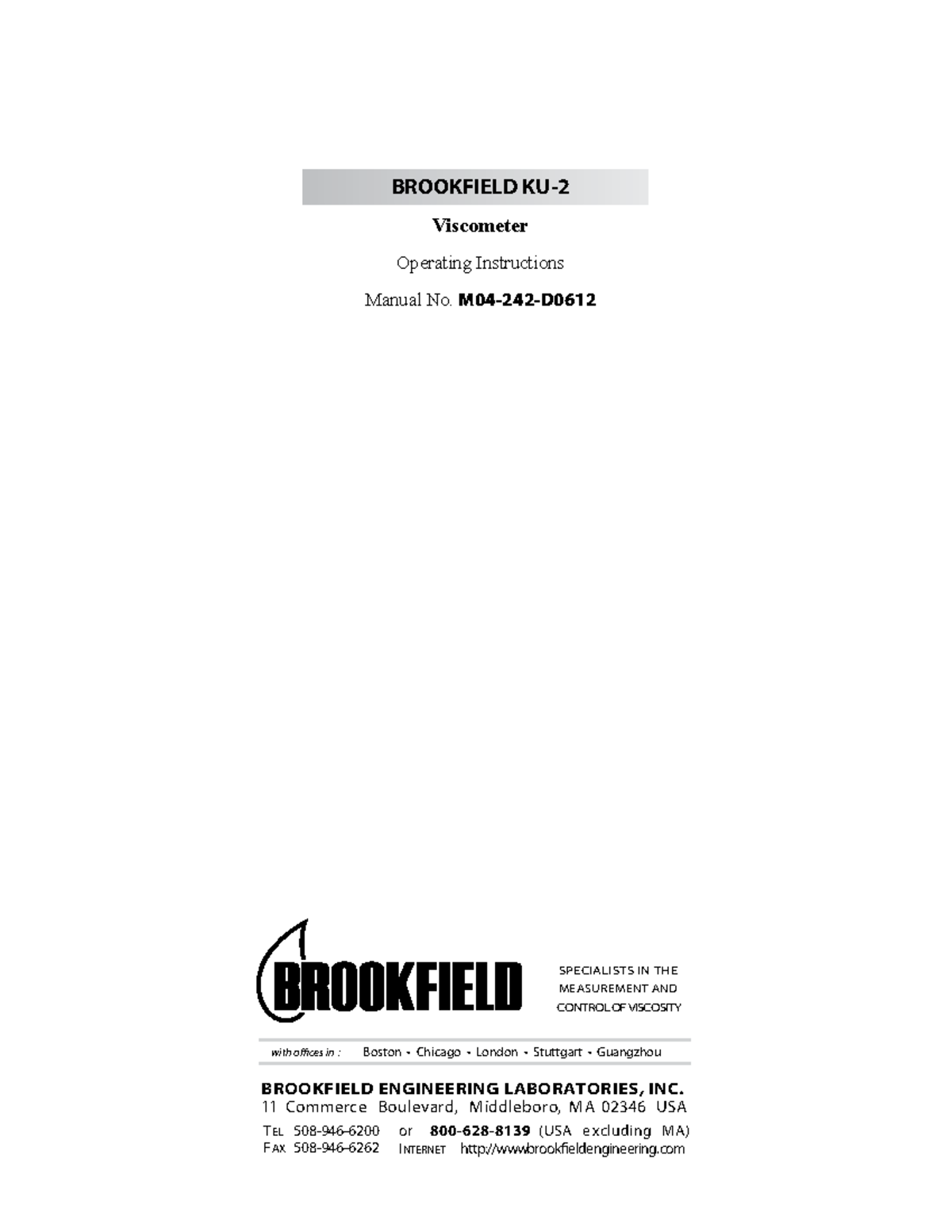 KU2 Manual Brookfield SPECIALISTS IN THE MEASUREMENT AND