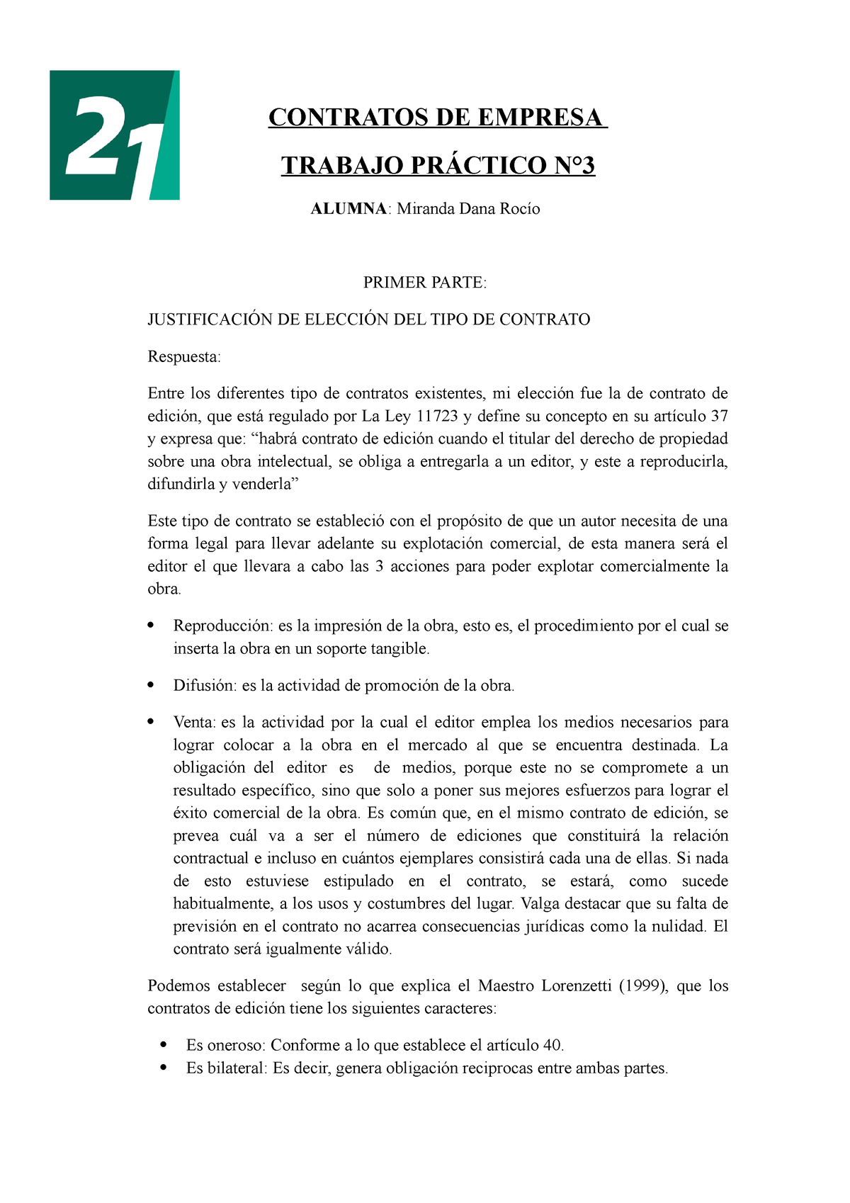 Tp 3 Contratos De Empresa Contratos De Empresa Trabajo PrÁctico N° Alumna Miranda Dana Rocío 8185