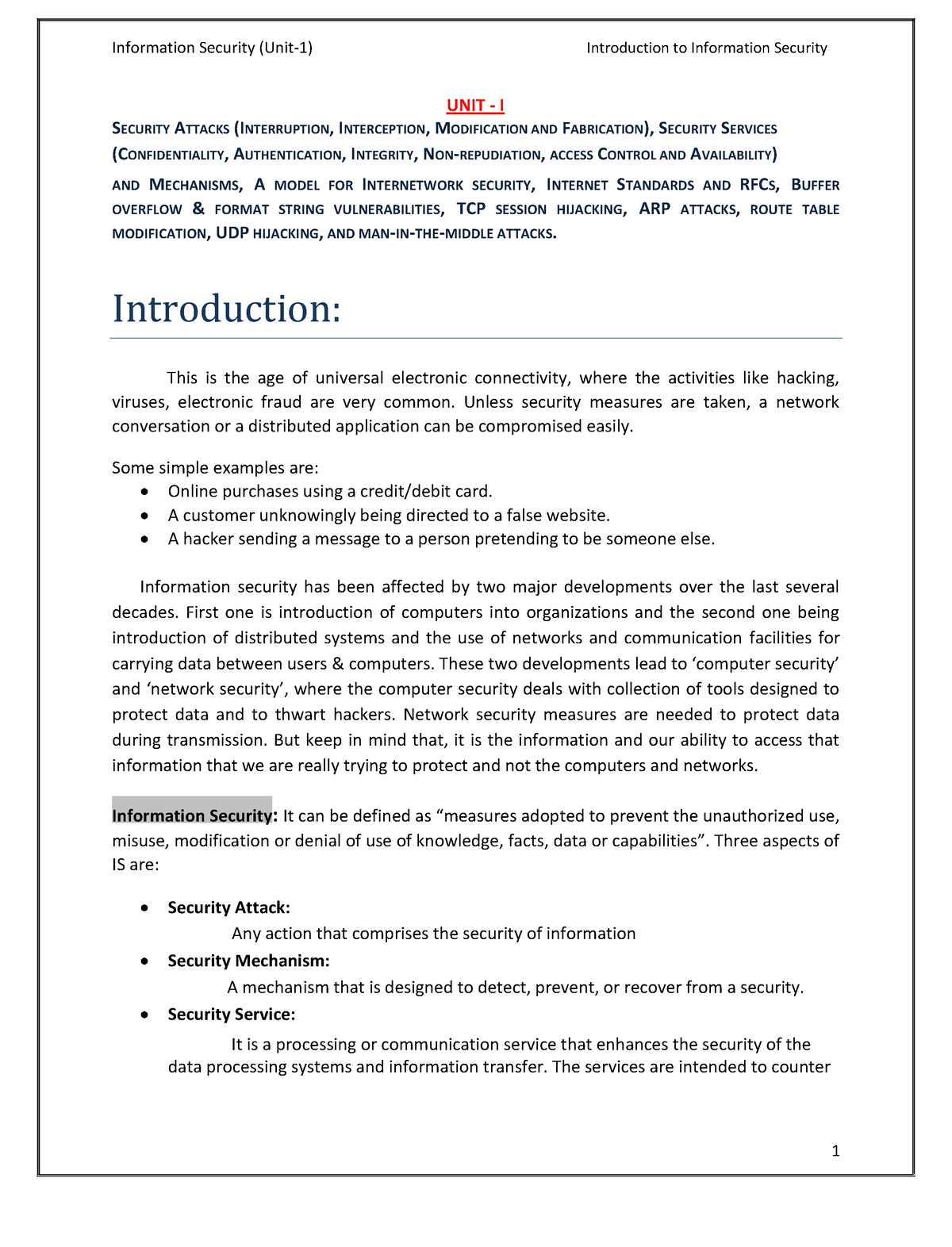 NS1 - Hhfy - UNIT - I SECURITY ATTACKS (INTERRUPTION, INTERCEPTION ...