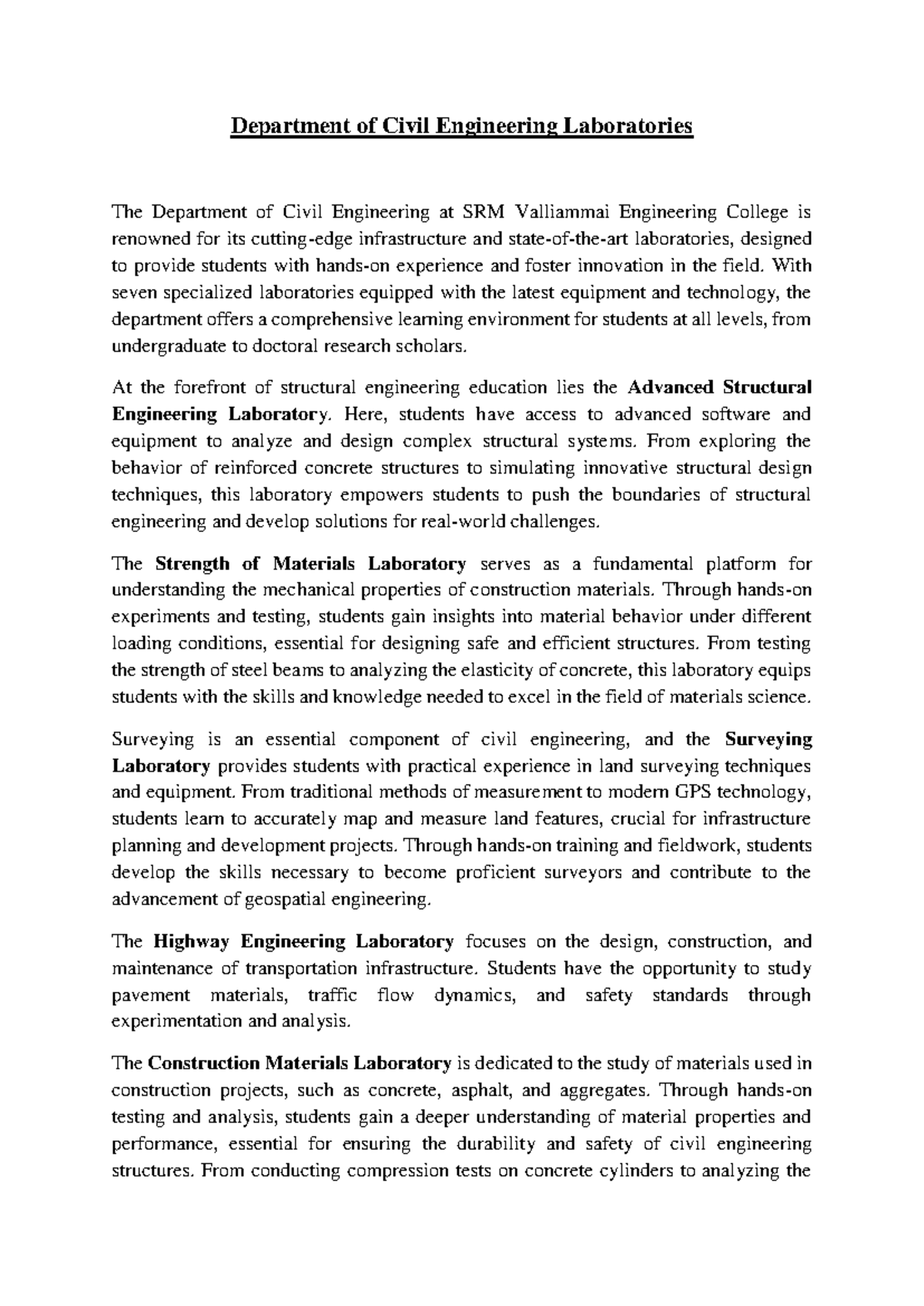 Department of Civil Engineering Laboratories - With seven specialized ...