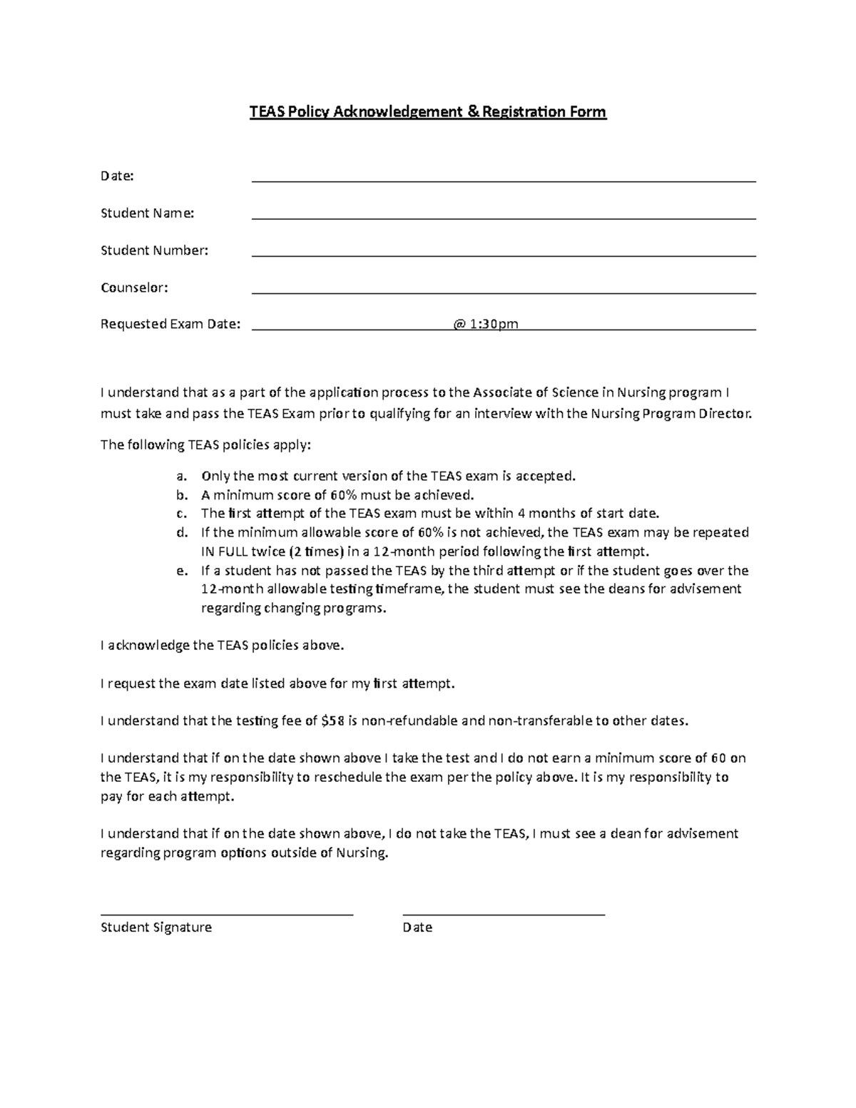 Nursing -TEAS Registration Form - TEAS Policy Acknowledgement ...