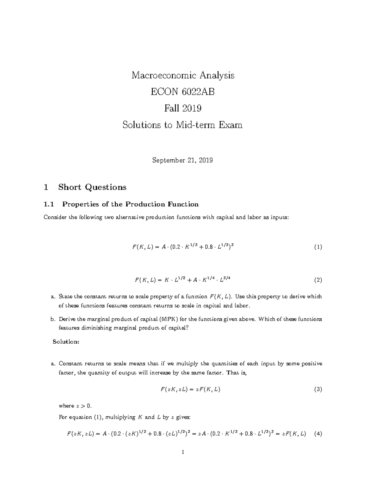 Main - MIDTERM - Macroeconomic Analysis ECON 6022AB Fall 2019 Solutions ...