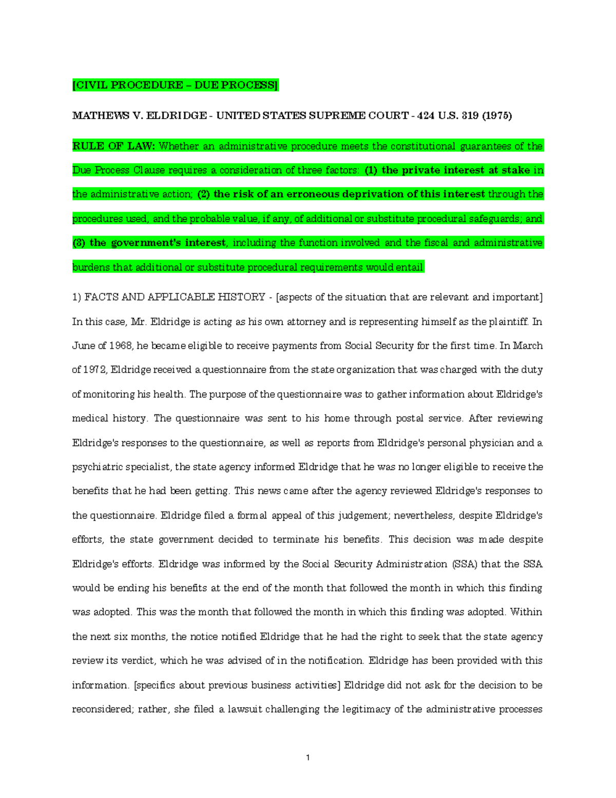 CIV PRO Case brief Matthews v Eldridge [CIVIL PROCEDURE DUE
