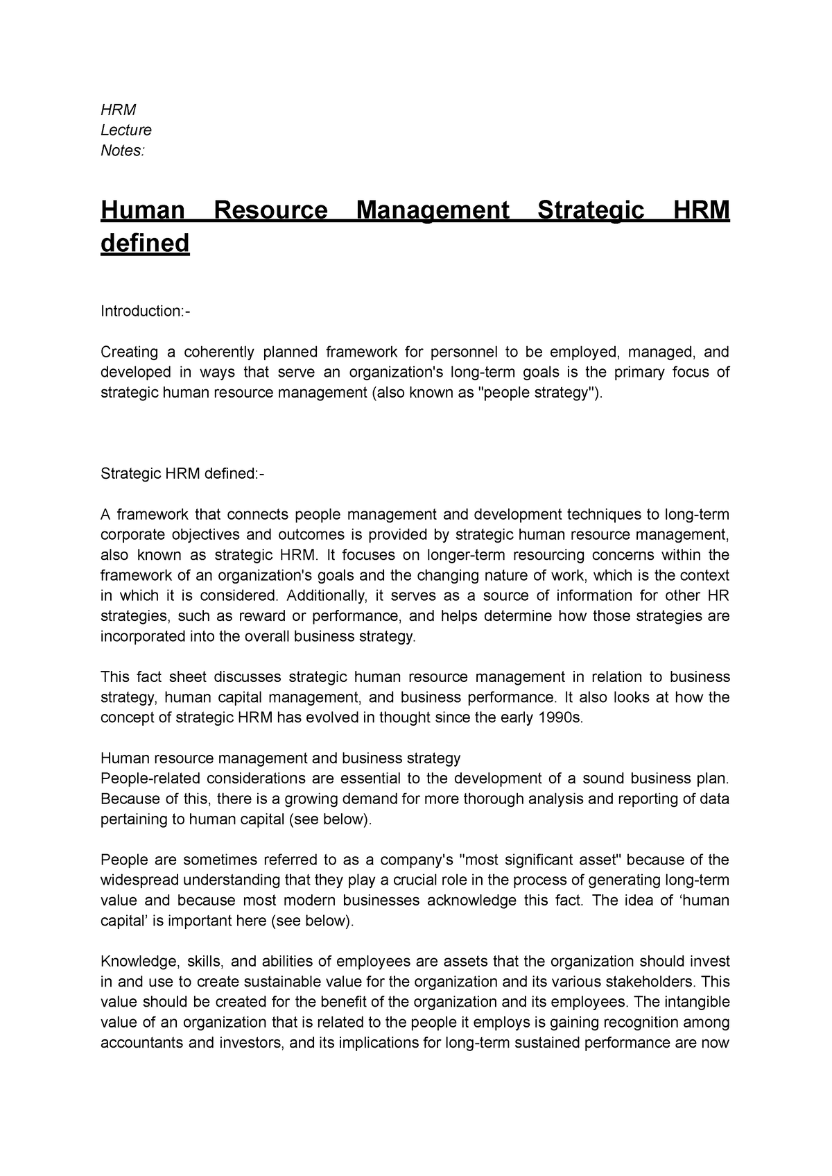 Human Resource Management Strategic HRM Defined - HRM Lecture Notes ...