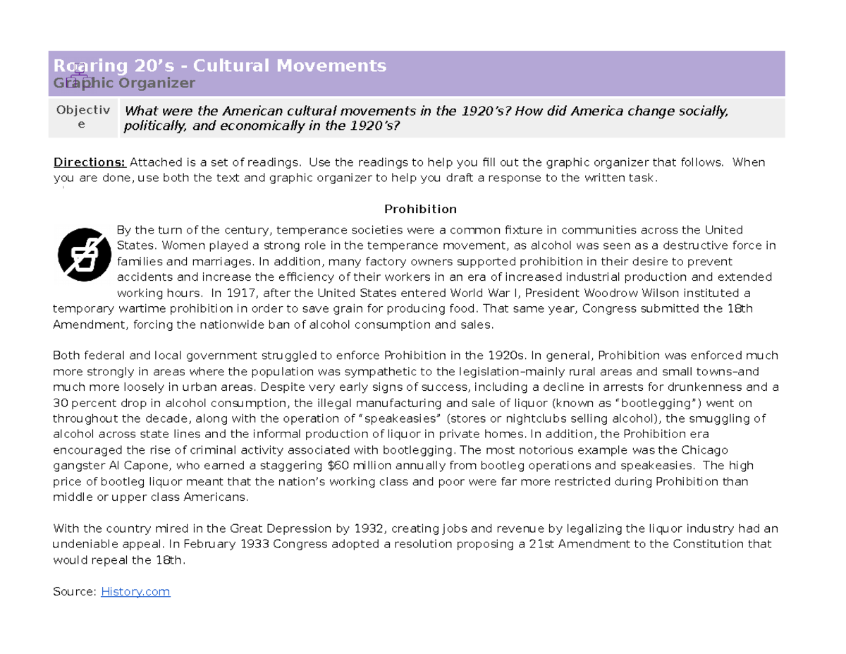 Unit 7 Graphic Organizer Roaring 20s Cultural Movements 2 Roaring 20