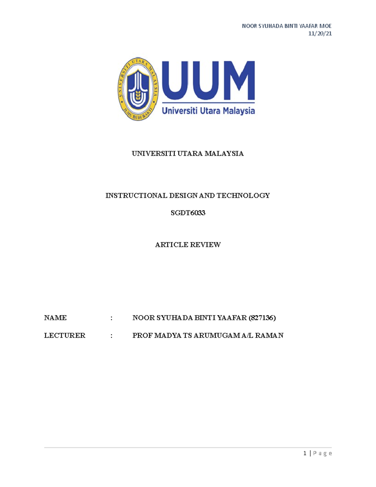Article Review - 11/20/ UNIVERSITI UTARA MALAYSIA INSTRUCTIONAL DESIGN ...