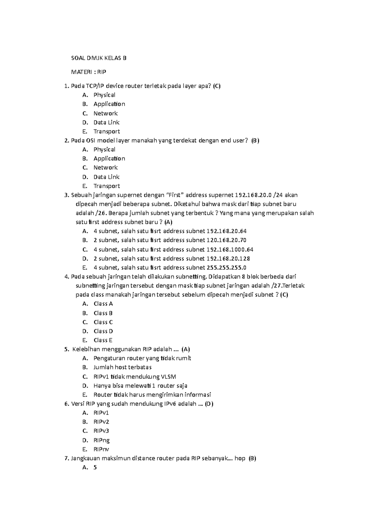 SOAL DMJK Kelas B - SOAL DMJK KELAS B MATERI : RIP Pada TCP/IP Device ...