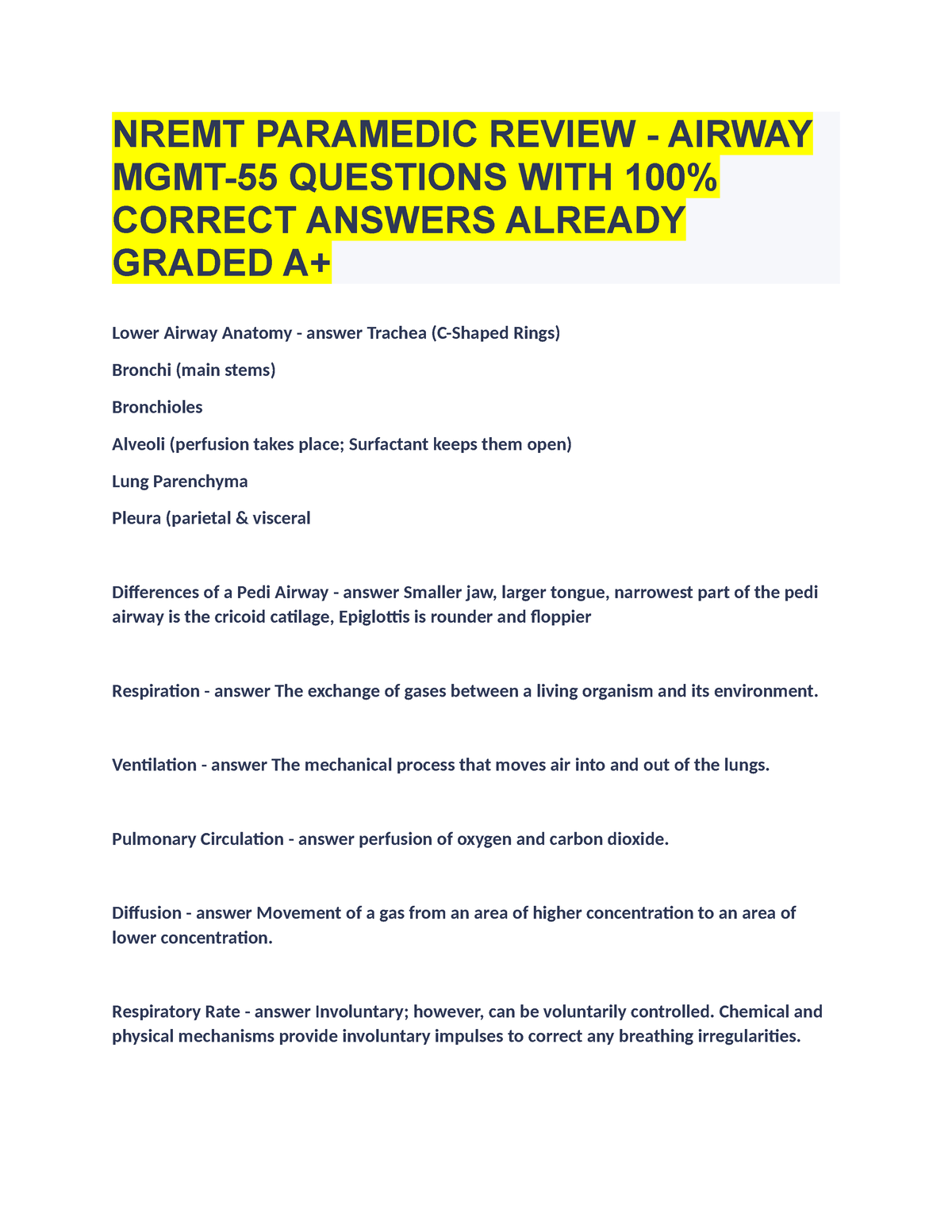 NREMT Paramedic Review - Airway MGMT-55 Questions WITH 100% Correct ...