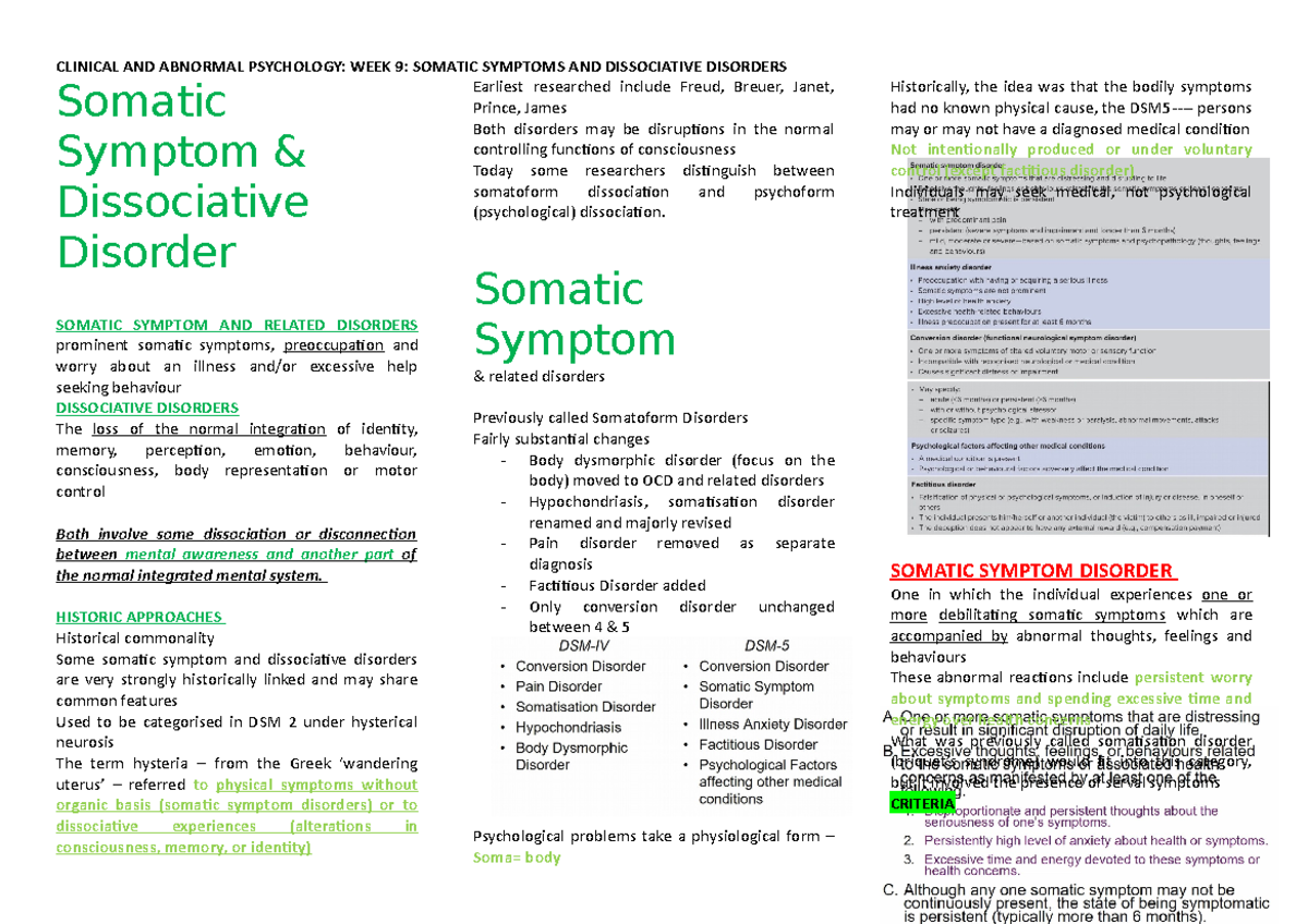 Week 9 - Somatic symptom and dissociative disorders - Somatic Symptom ...