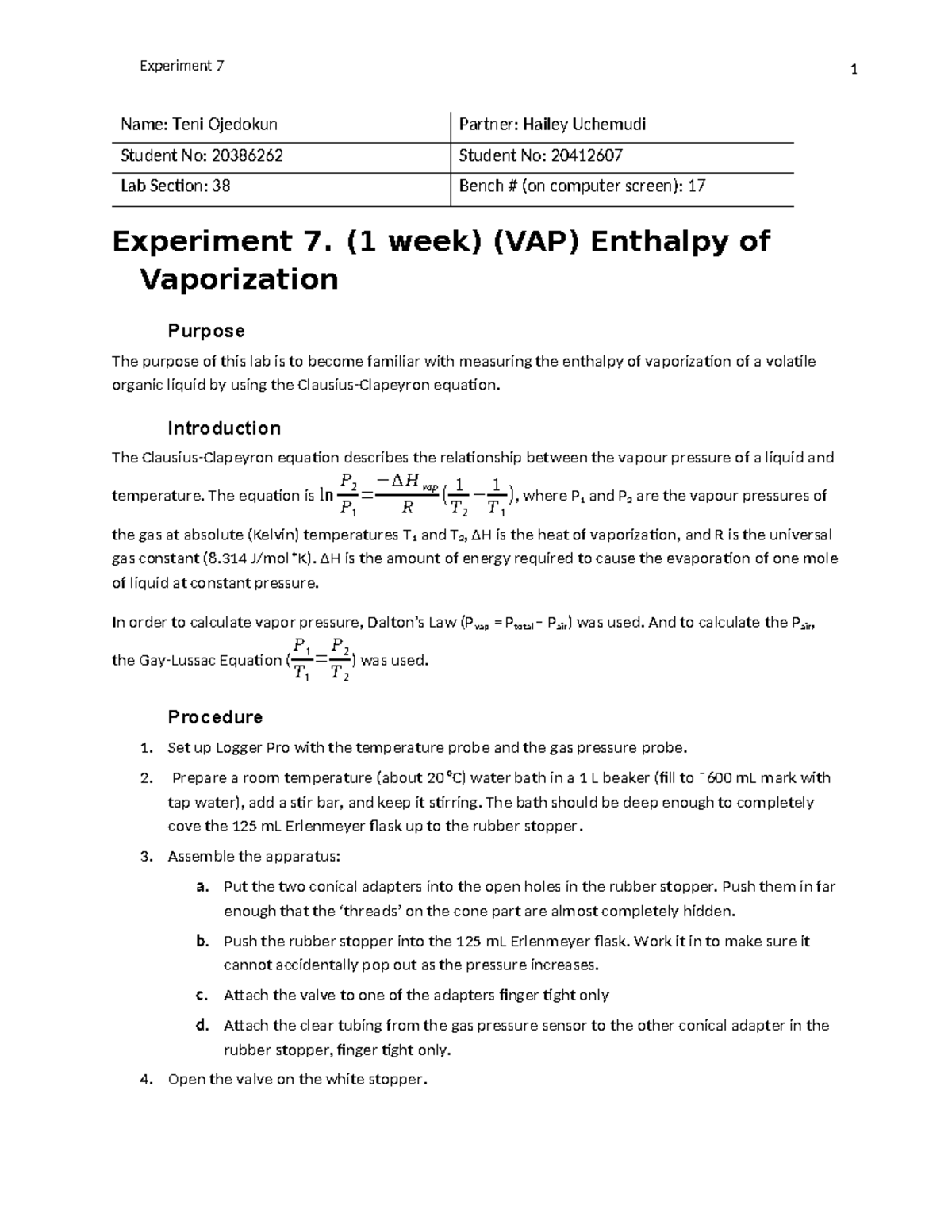 Enthalpy of Vaporization Lab Report - Name: Teni Ojedokun Partner ...