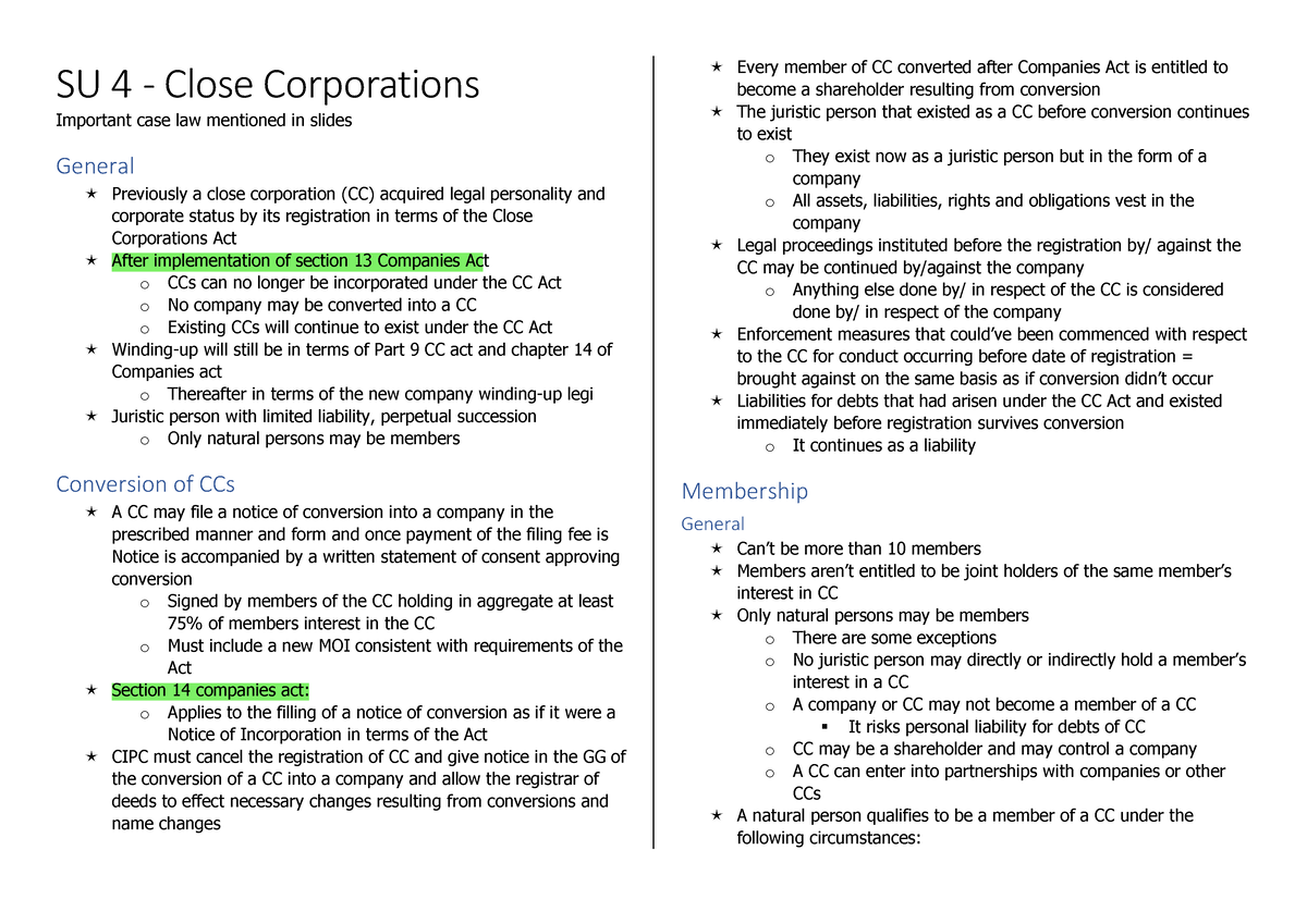 SU 4 Close corporations - SU 4 - Close Corporations Important case law ...