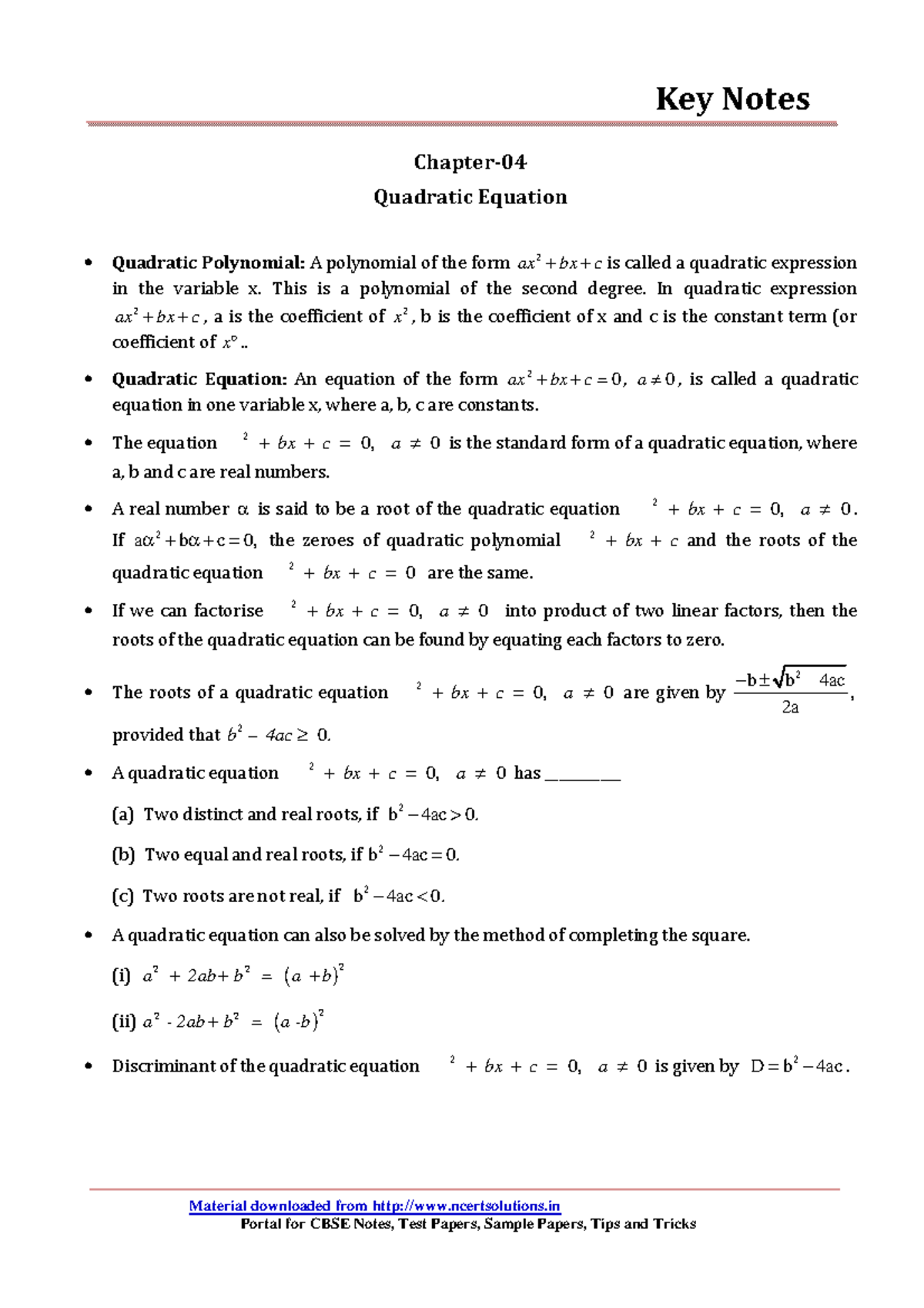 10 Maths Key Notes Ch 04 Quadratic Equation - Key Notes Material 