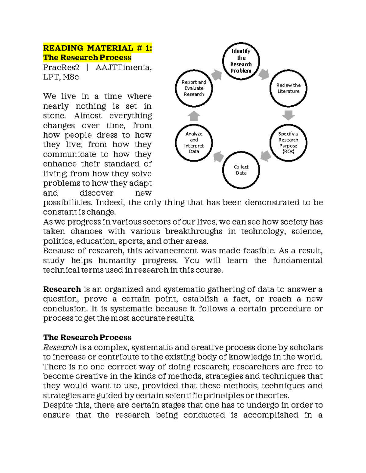 Reading Material - aaaaa - Identify the Research Problem Reciew the ...
