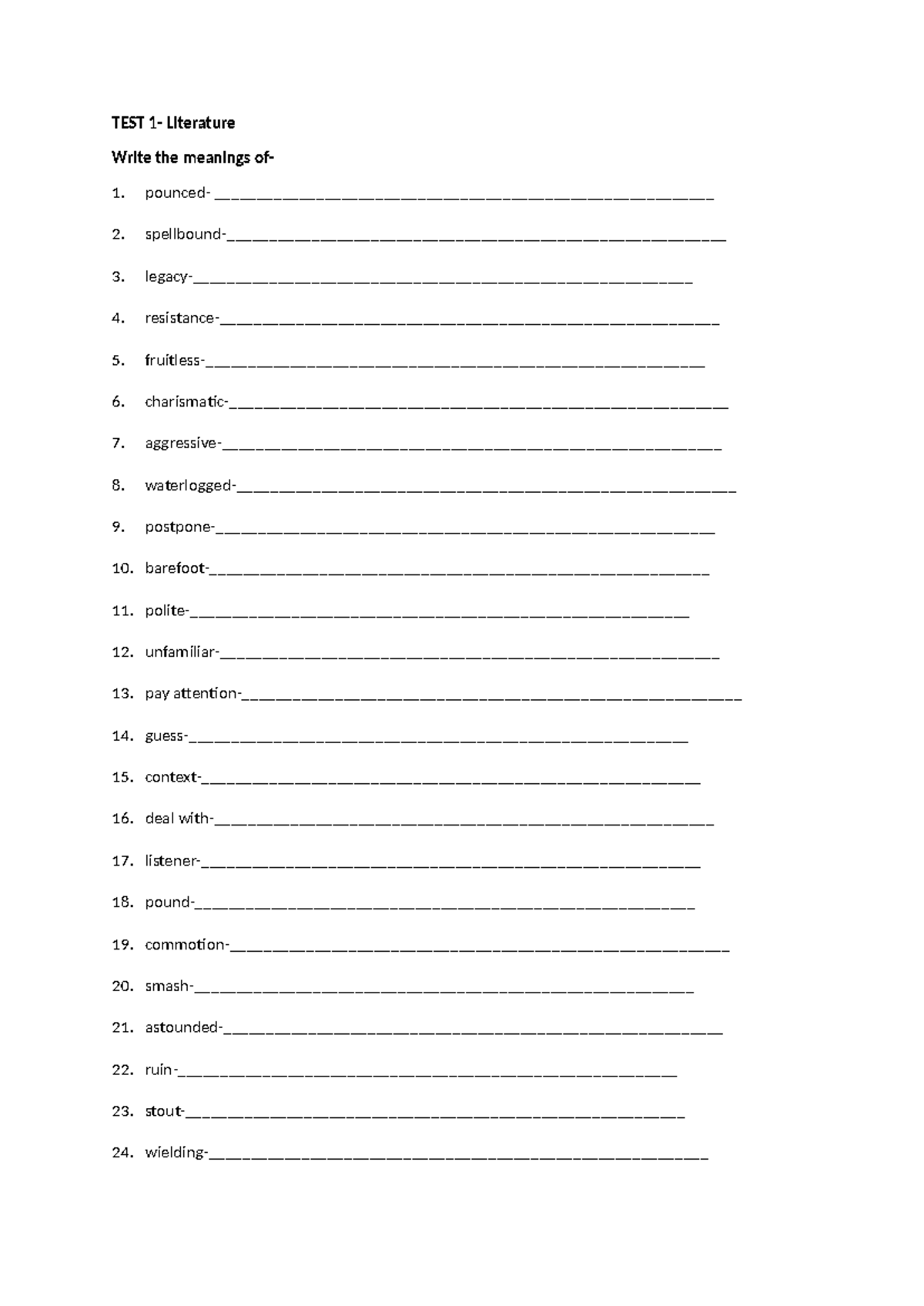 Literature Unit Test 1 - Lit work - TEST 1- Literature Write the ...