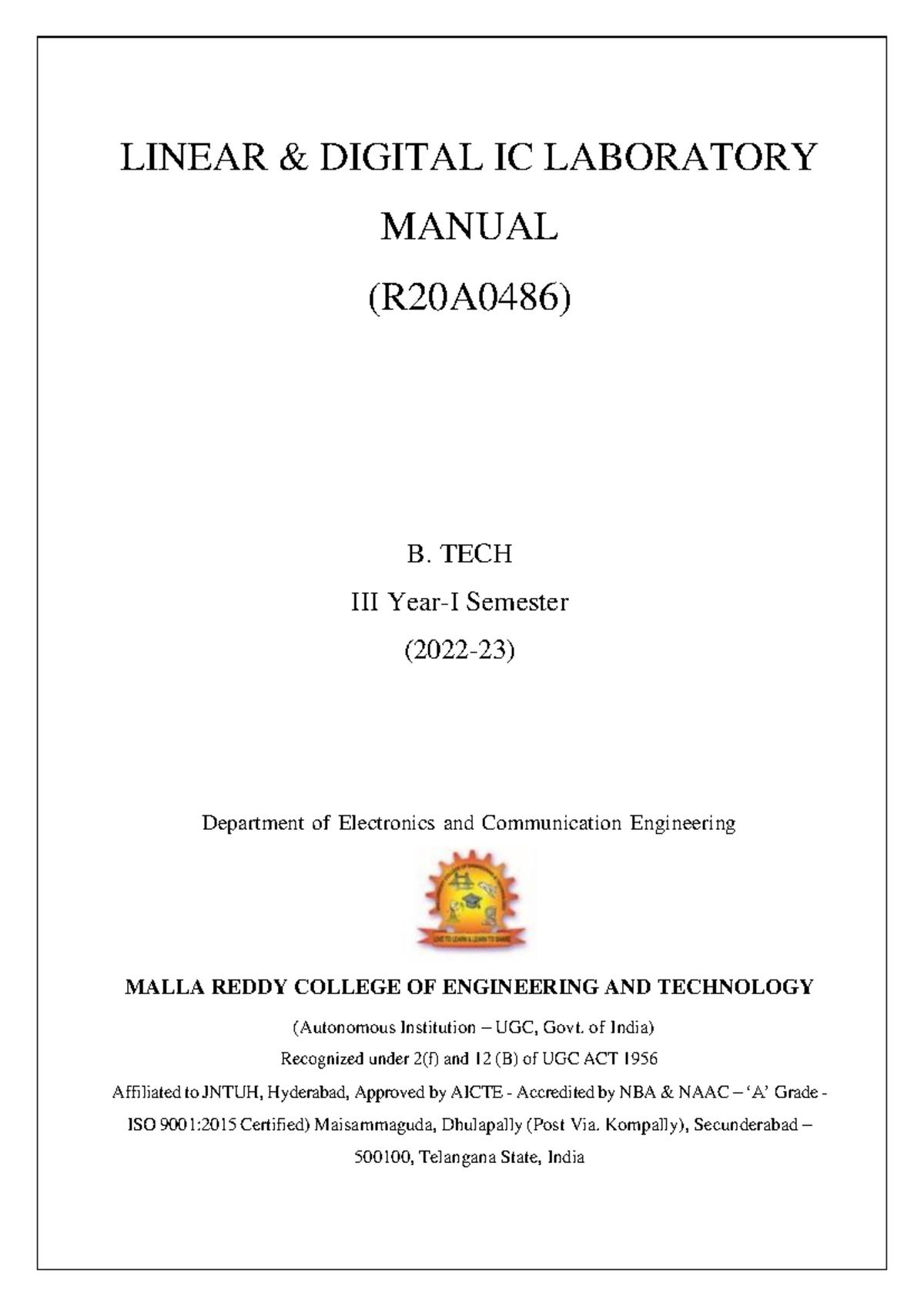 Linear Digital Integrated Circuits Lab LINEAR & DIGITAL IC LABORATORY