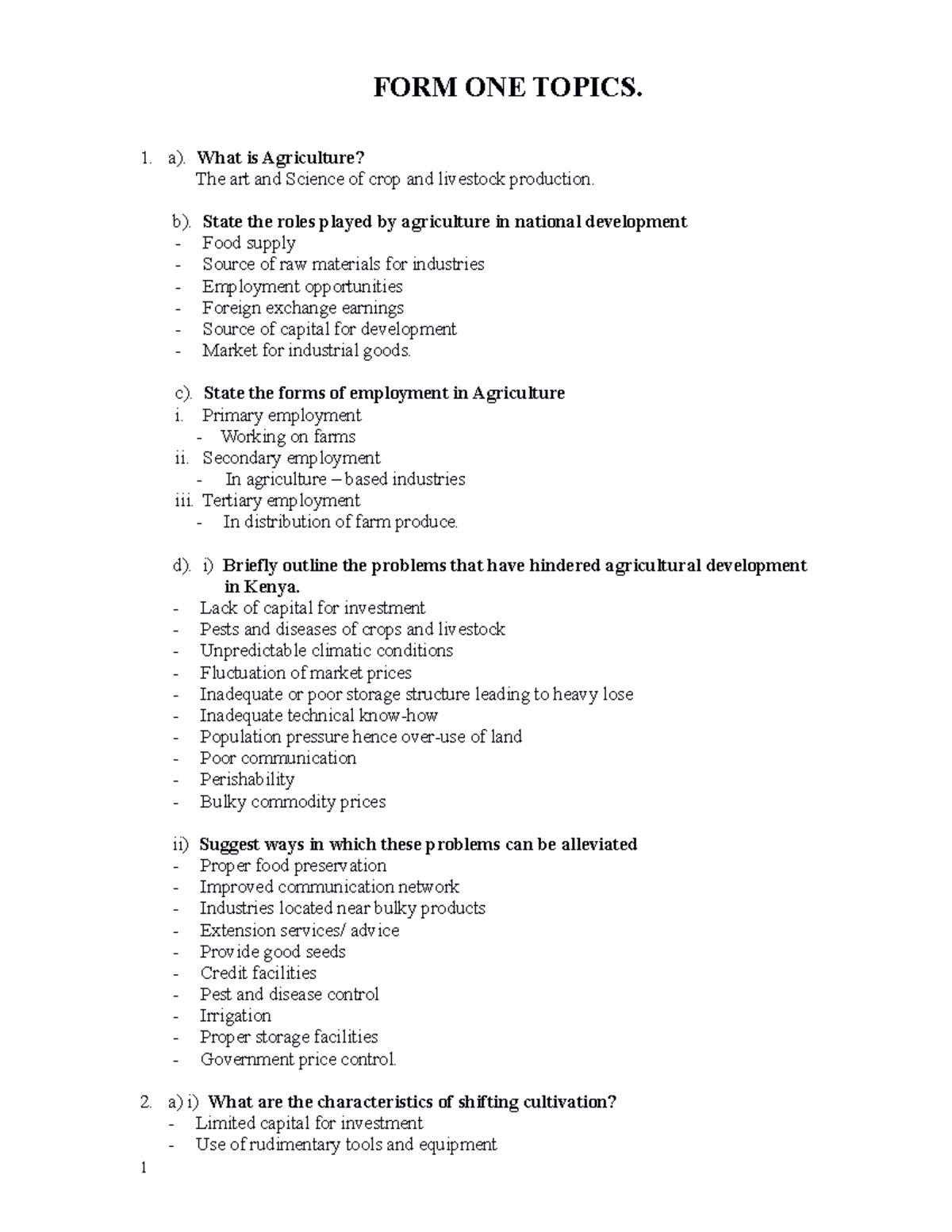 Agriculture FORM ONE TO FORM FOUR Topics - FORM ONE TOPICS. a). What is ...