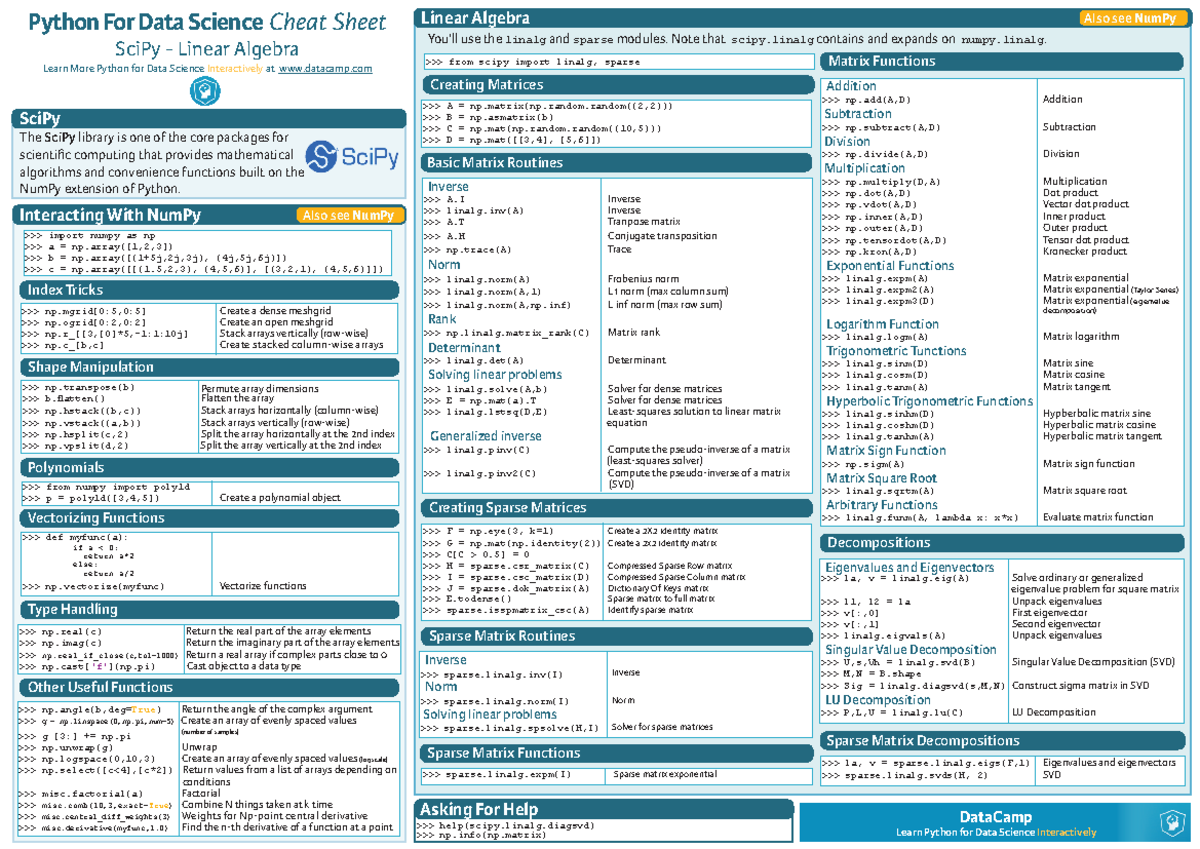 Python scipy - linear algebra - Python For Data Science Cheat Sheet ...