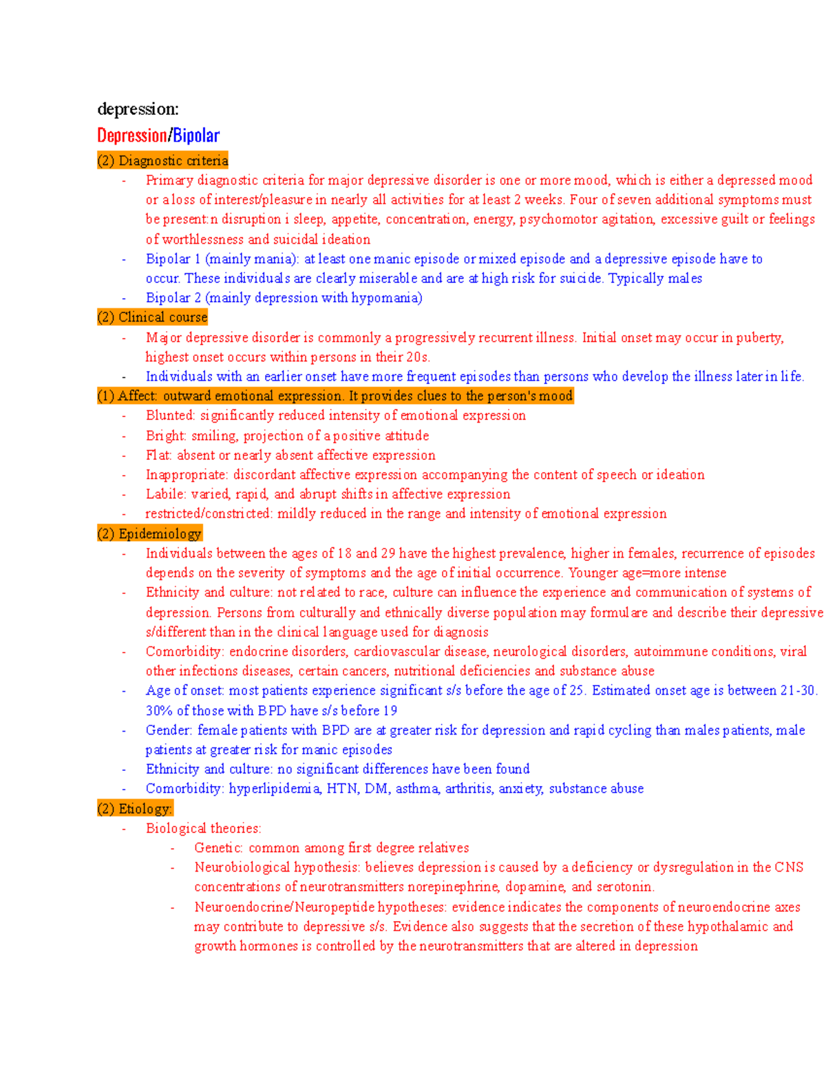 Psych Exam 2 Study Guide depression Depression/Bipolar (2