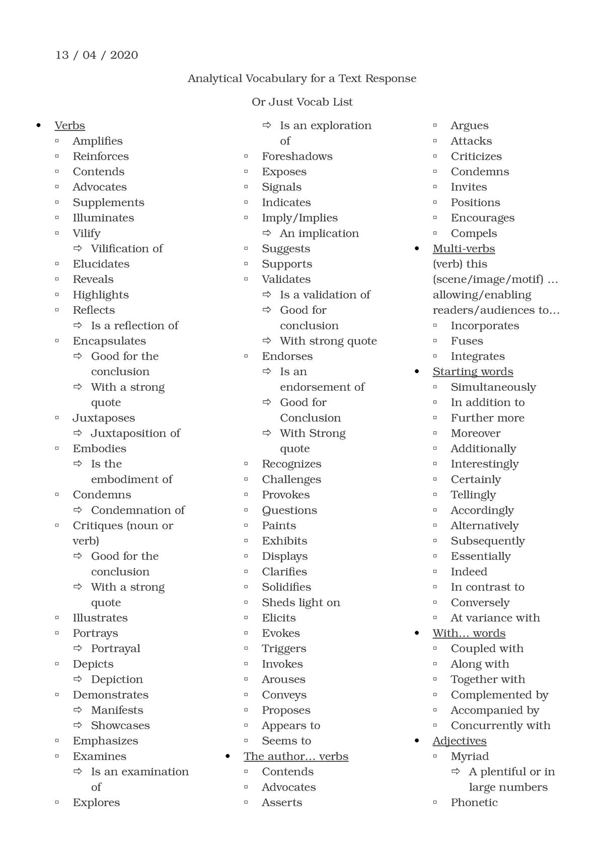 Vocab List - 13 / 04 / 2020 Analytical Vocabulary for a Text Response ...