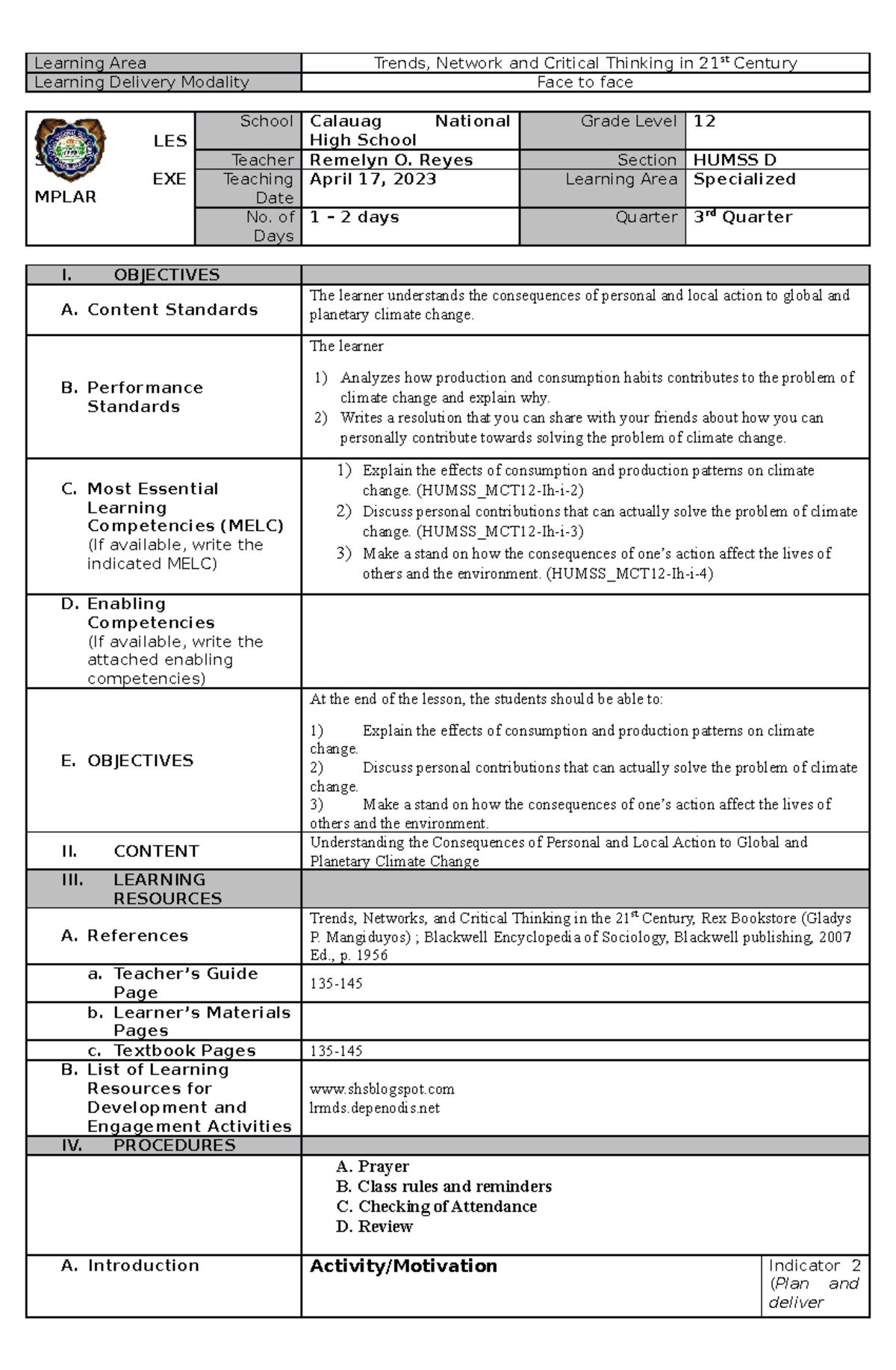 Lesson PLAN in Trends, Network and Critical thinking - Learning Area ...