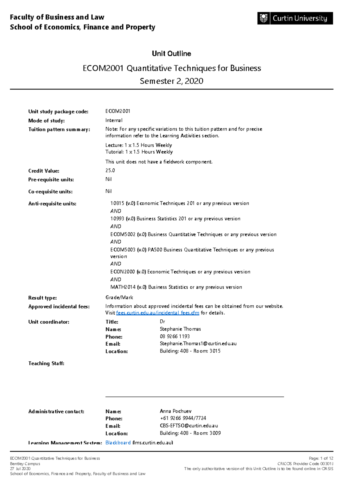ECOM2001 Quantitative Techniques for Business Semester 2 2020 Bentley ...