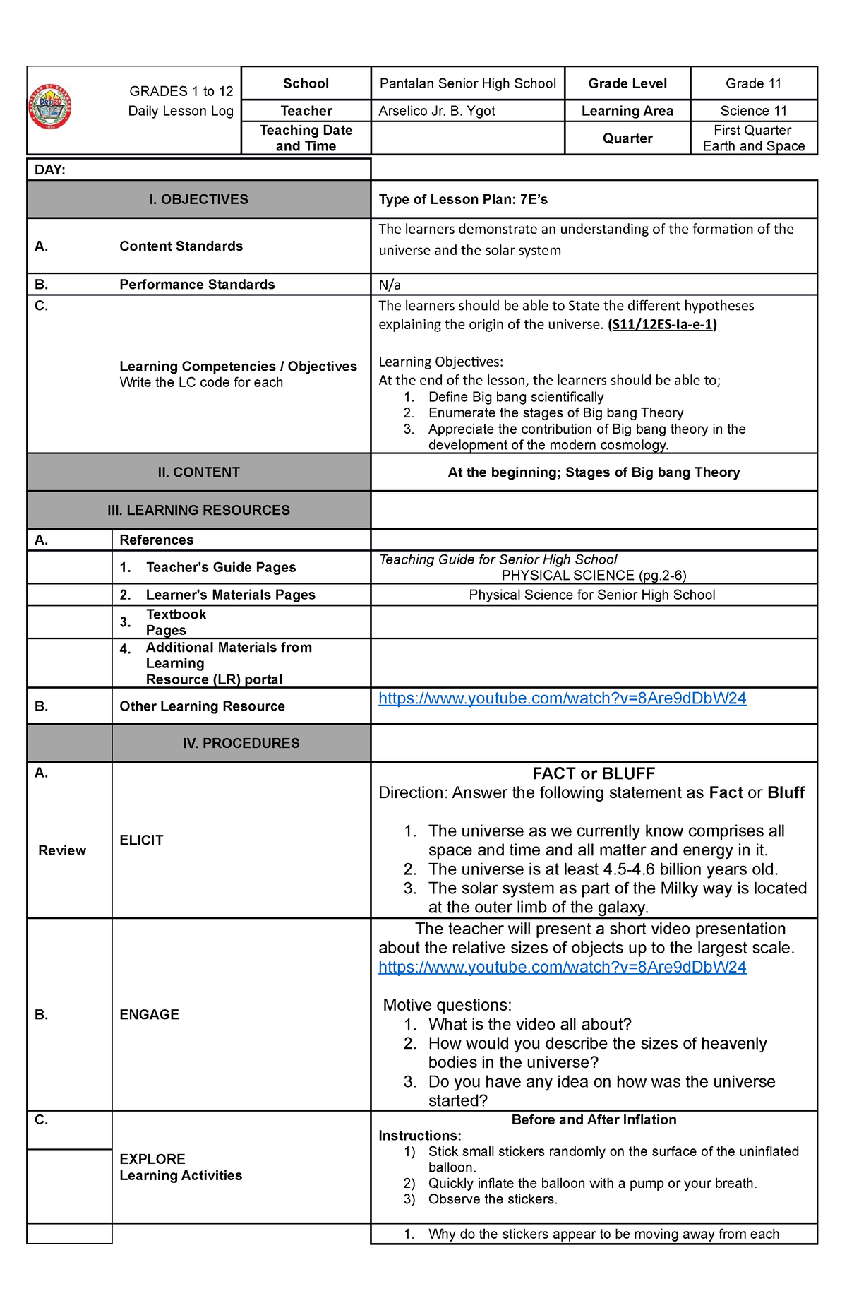 Shs Public demo - lesson plan - GRADES 1 to 12 School Pantalan Senior ...