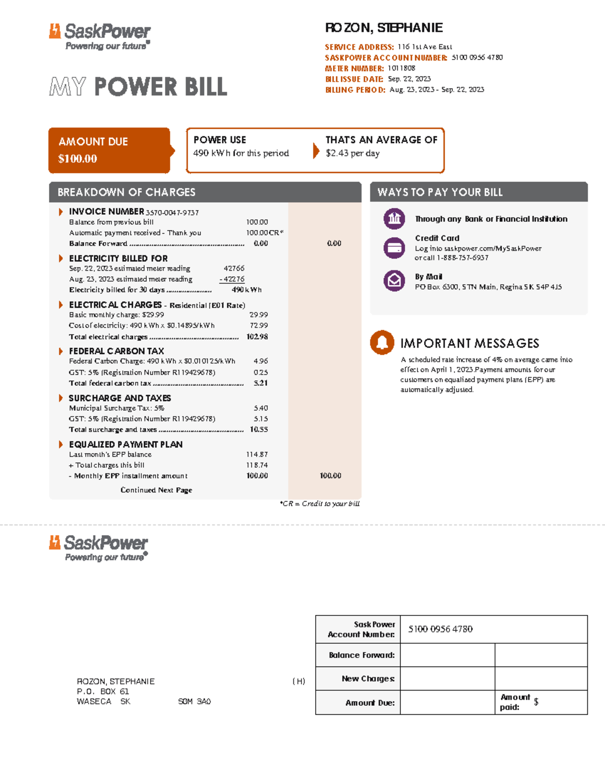 Saskpower Rozon - SaskPower Account Number: Balance Forward: New ...