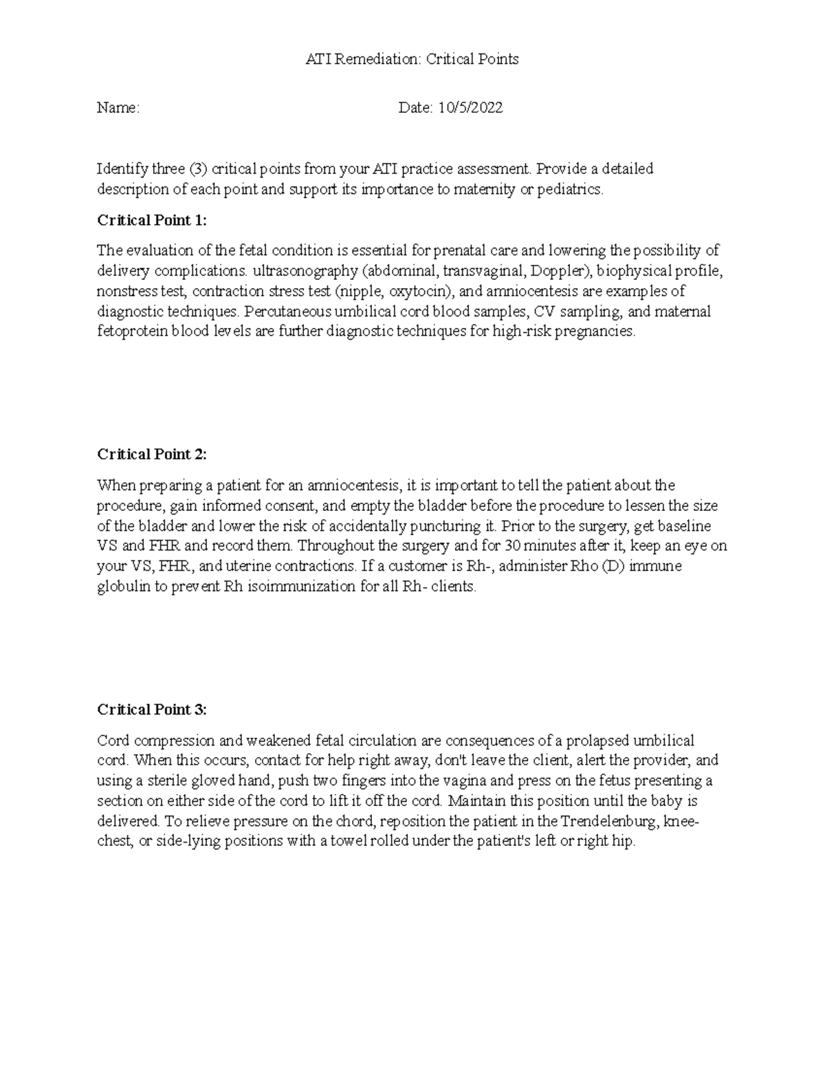 ATI Critical Points Practice A - ATI Remediation: Critical Points Name ...