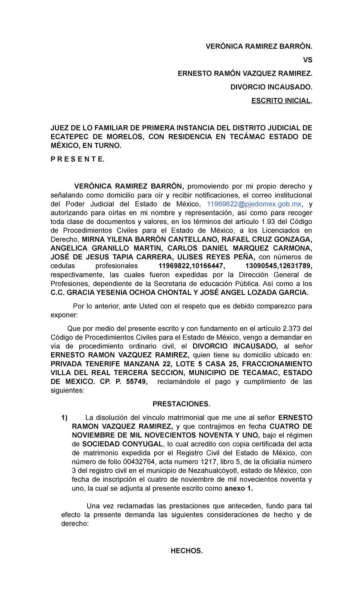 Formato de divorcio incausado - VERÓNICA RAMIREZ BARRÓN. VS ERNESTO ...