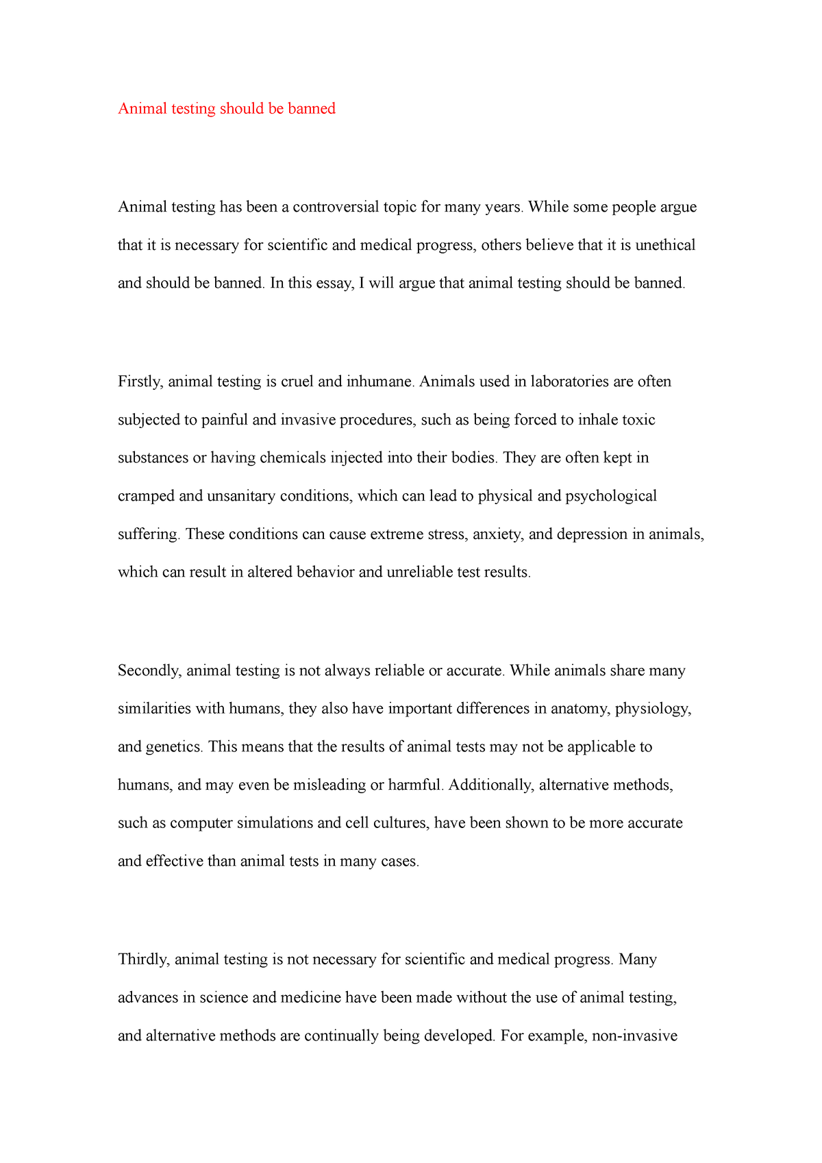 essay about why animal testing should be banned