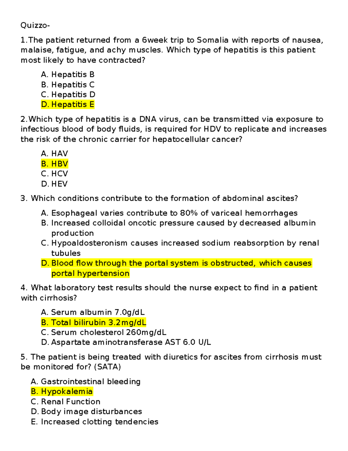 Quizzo GI. GU Answers - Quizzo- 1 patient returned from a 6week trip to ...