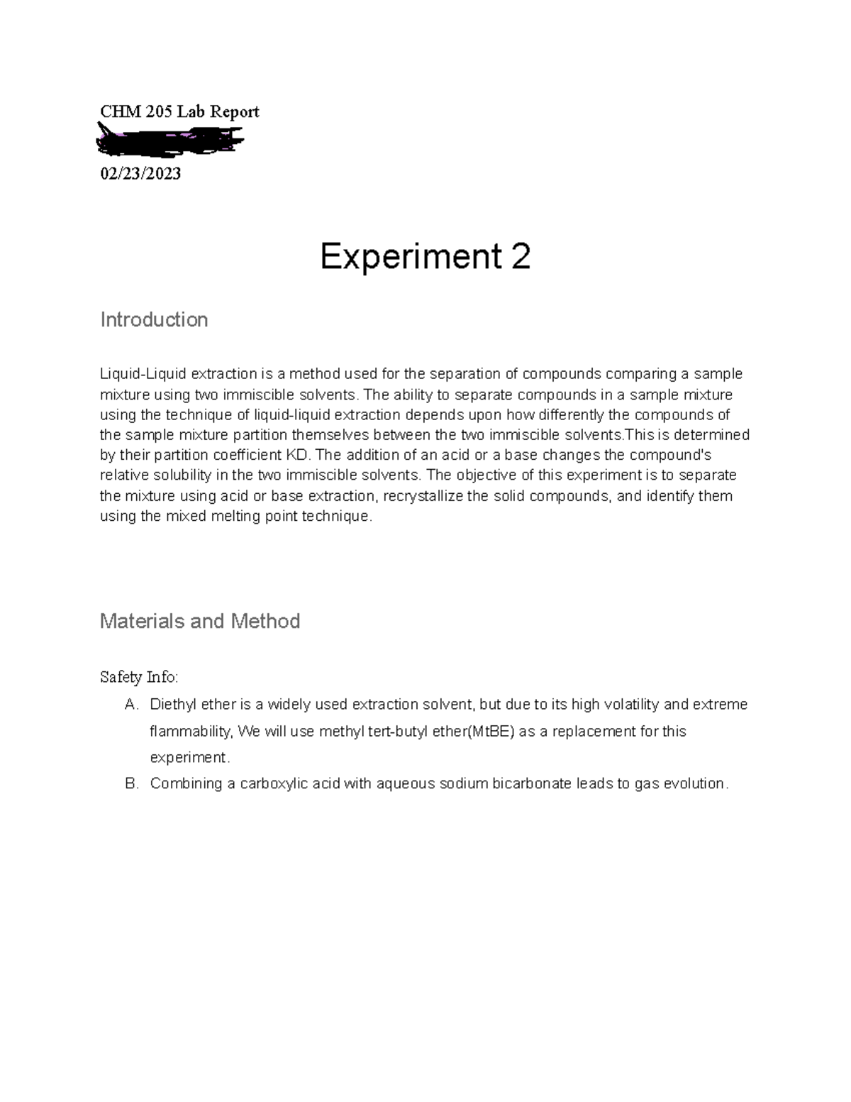 Expt 2 Extraction CHM 205 Lab Report Christina Francois 02/23