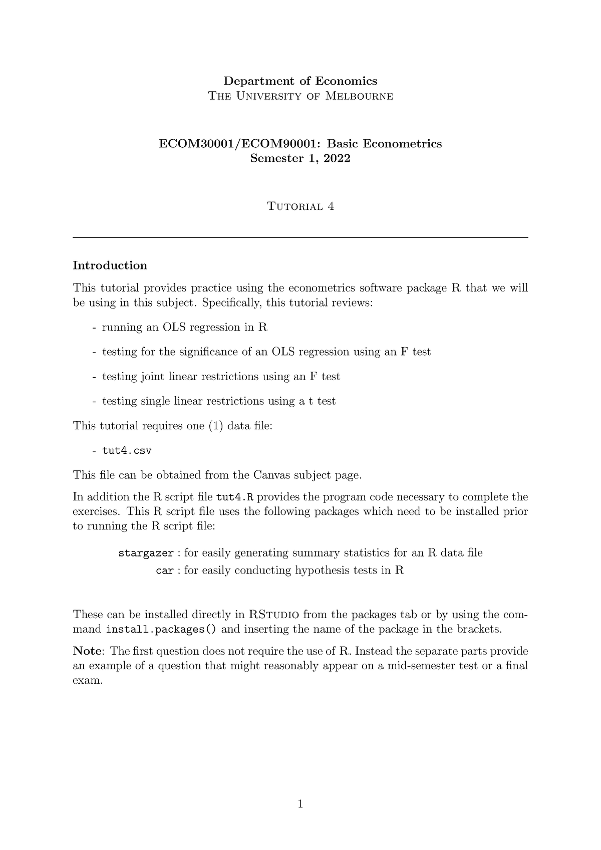 Tutorial 4 Questions Basic Econometrics - ECOM30001 - Unimelb - Studocu